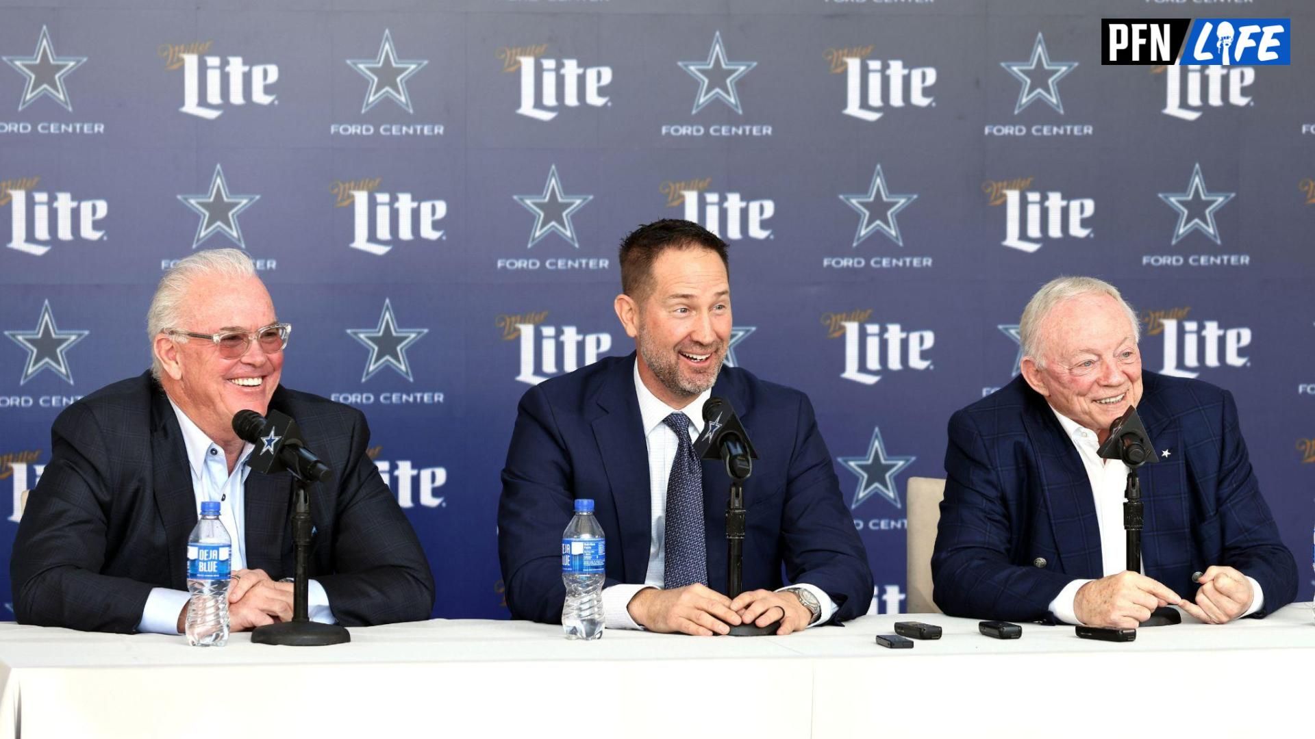 Dallas Cowboys CEO Stephen Jones, head coach Brian Schottenheimer and owner Jerry Jones speak to the media at a press conference at the Star.