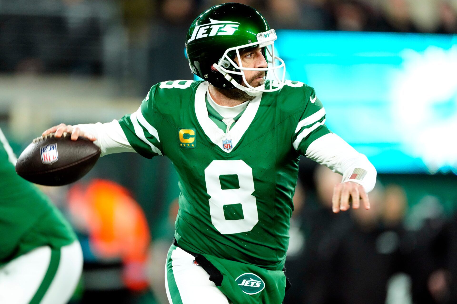 New York Jets quarterback Aaron Rodgers (8) may have played his last game for Gang Green, Sunday January 5, 2025, in East Rutherford.