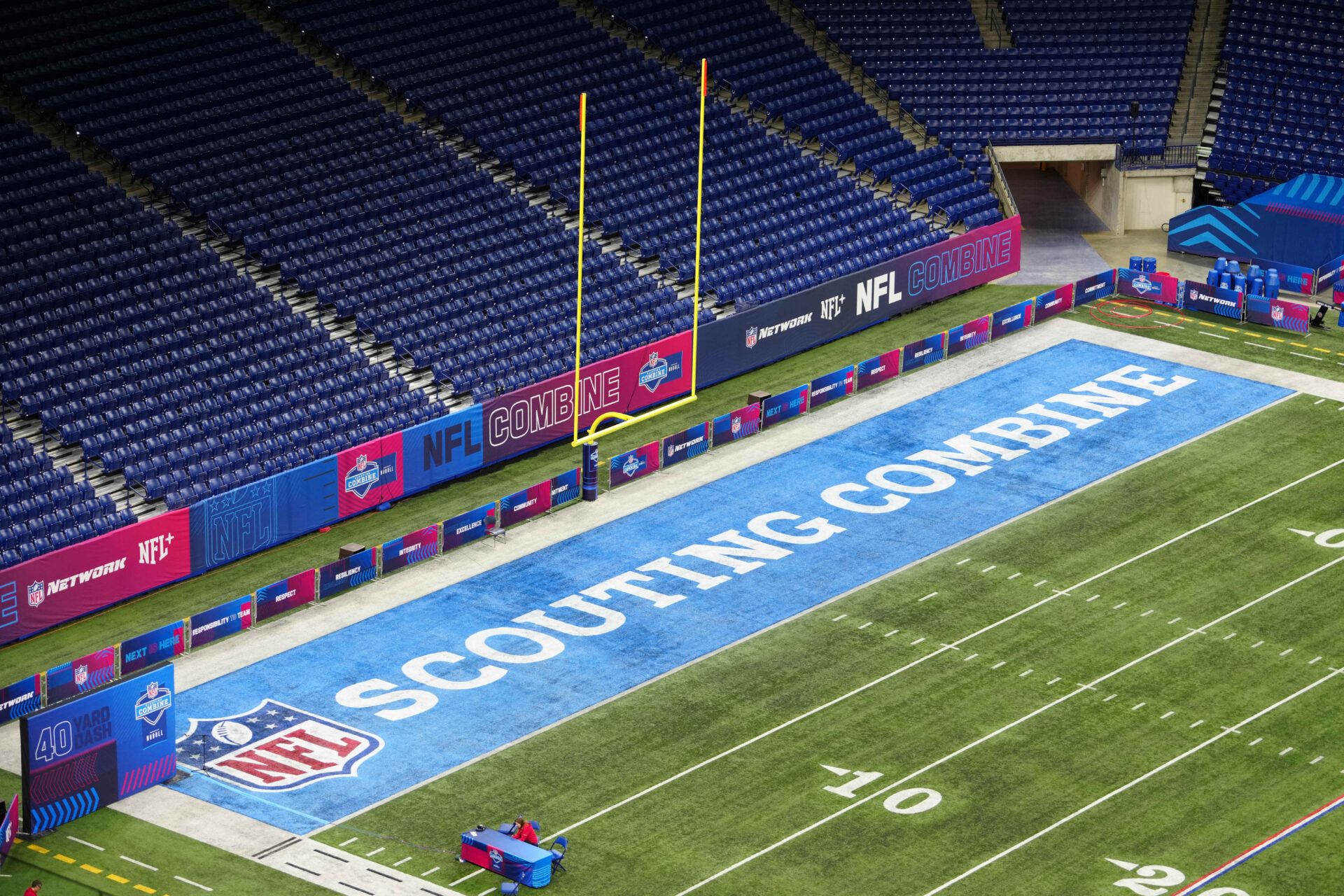 Feb 28, 2024; Indianapolis, IN, USA; The 2024 NFL Scouting Combine logo in the end zone at Lucas Oil Stadium. Mandatory Credit: Kirby Lee-USA TODAY Sports