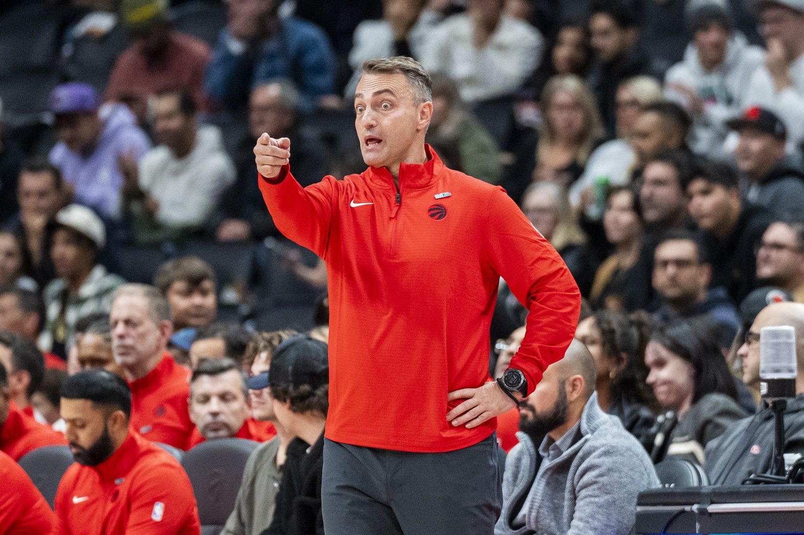 Toronto Raptors head coach Darko Rajaković looks on from the bench during a NBA game against the Boston Celtics at Scotiabank Arena.