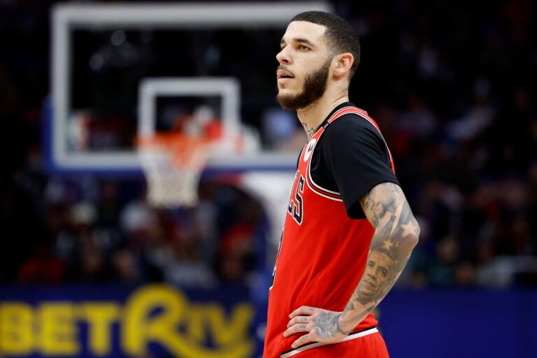 Feb 2, 2025; Detroit, Michigan, USA; Chicago Bulls guard Lonzo Ball (2) looks on in the second half against the Detroit Pistons at Little Caesars Arena. Mandatory Credit: Rick Osentoski-Imagn Images