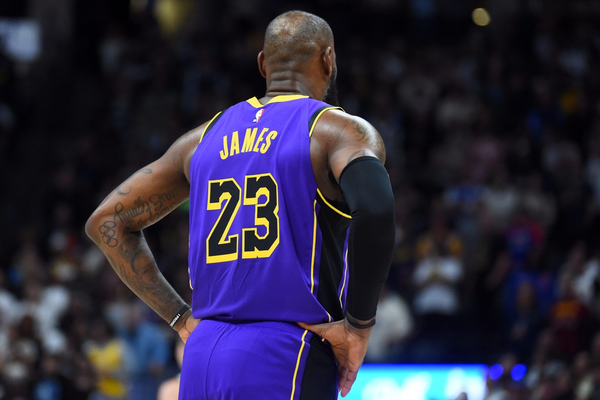 Los Angeles Lakers forward LeBron James (23) during the first half against the Denver Nuggets at Ball Arena.