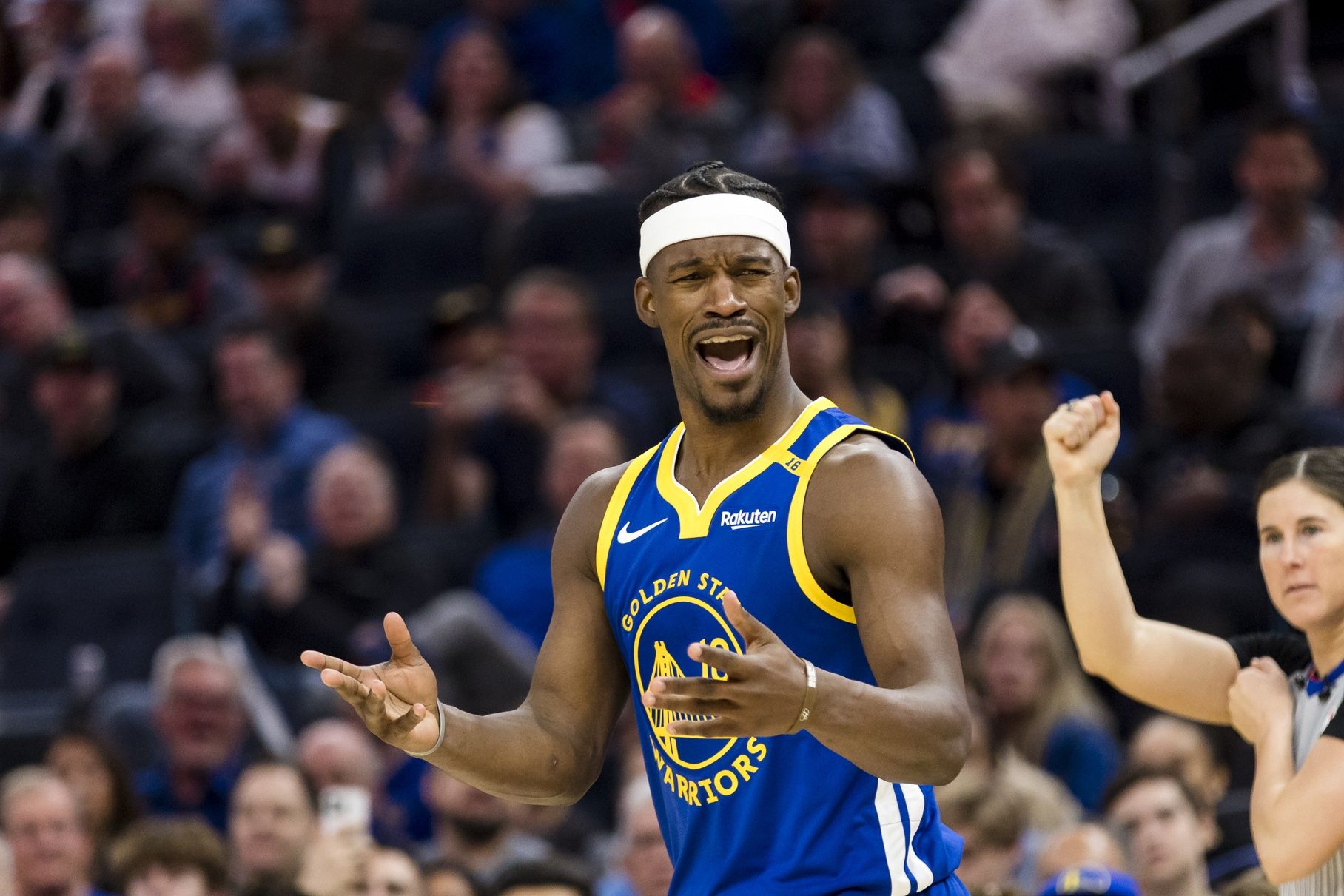 Golden State Warriors forward Jimmy Butler III (10) reacts during the third quarter of the game against the Dallas Mavericks at Chase Center.