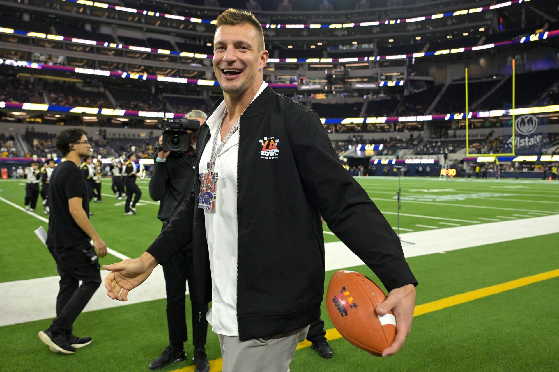 Dec 18, 2024; Inglewood, CA, USA; Rob Gronkowski on the field prior to the game between the California Golden Bears and the UNLV Rebels in the LA Bowl at SoFi Stadium. Mandatory Credit: Jayne Kamin-Oncea-Imagn Images