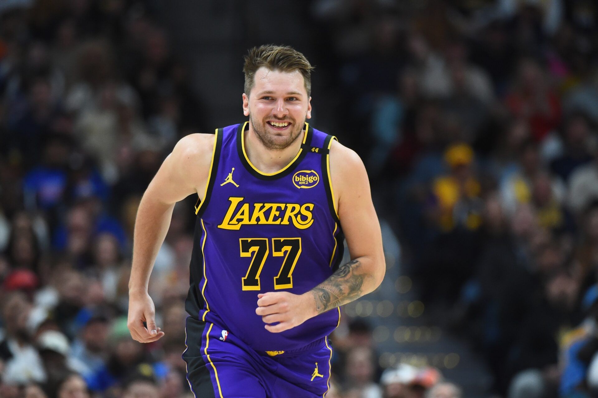 Los Angeles Lakers guard Luka Doncic (77) after a basket during the first half against the Denver Nuggets at Ball Arena.