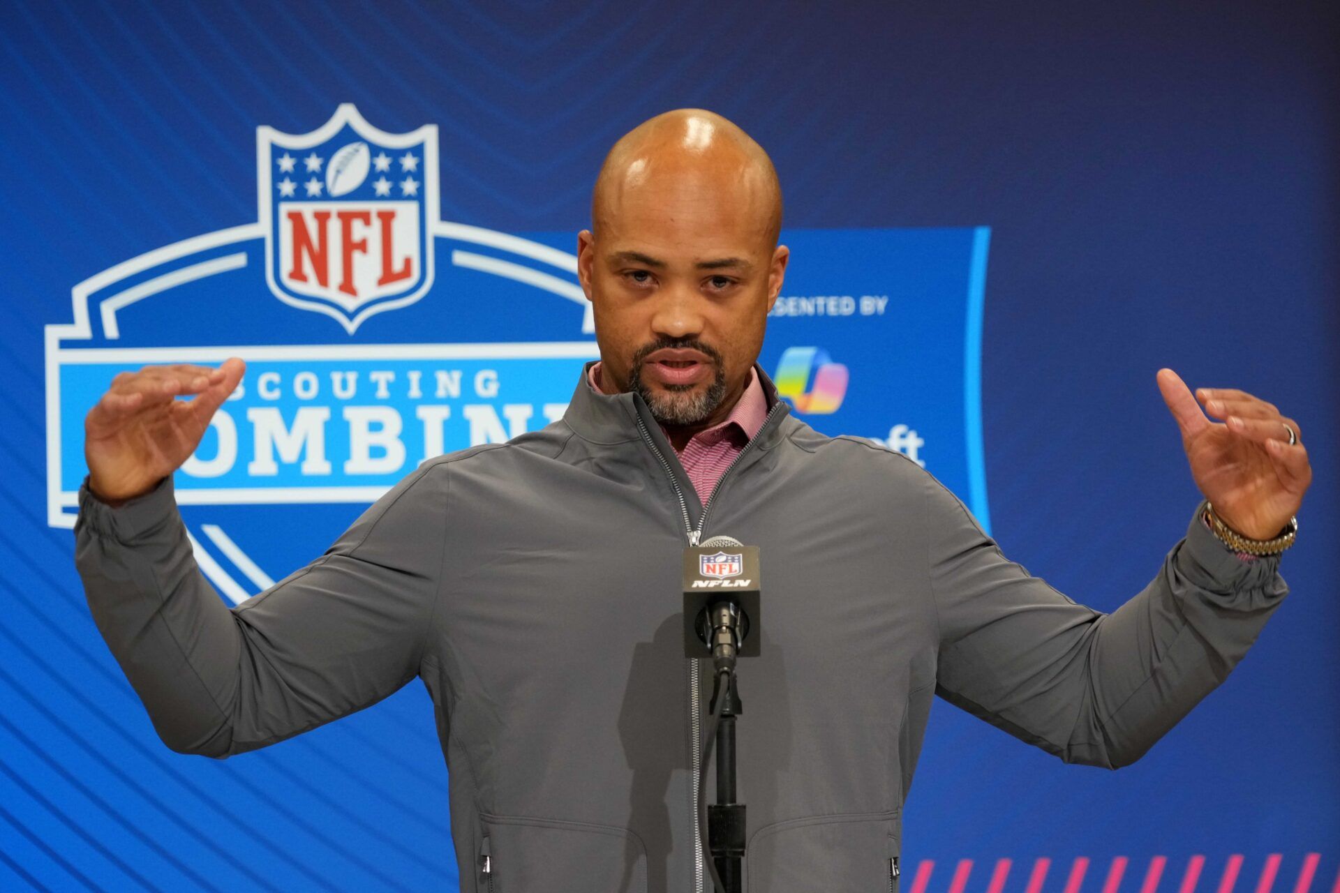 Atlanta Falcons general manager Terry Fontenot speaks during the NFL Scouting Combine at the Indiana Convention Center.