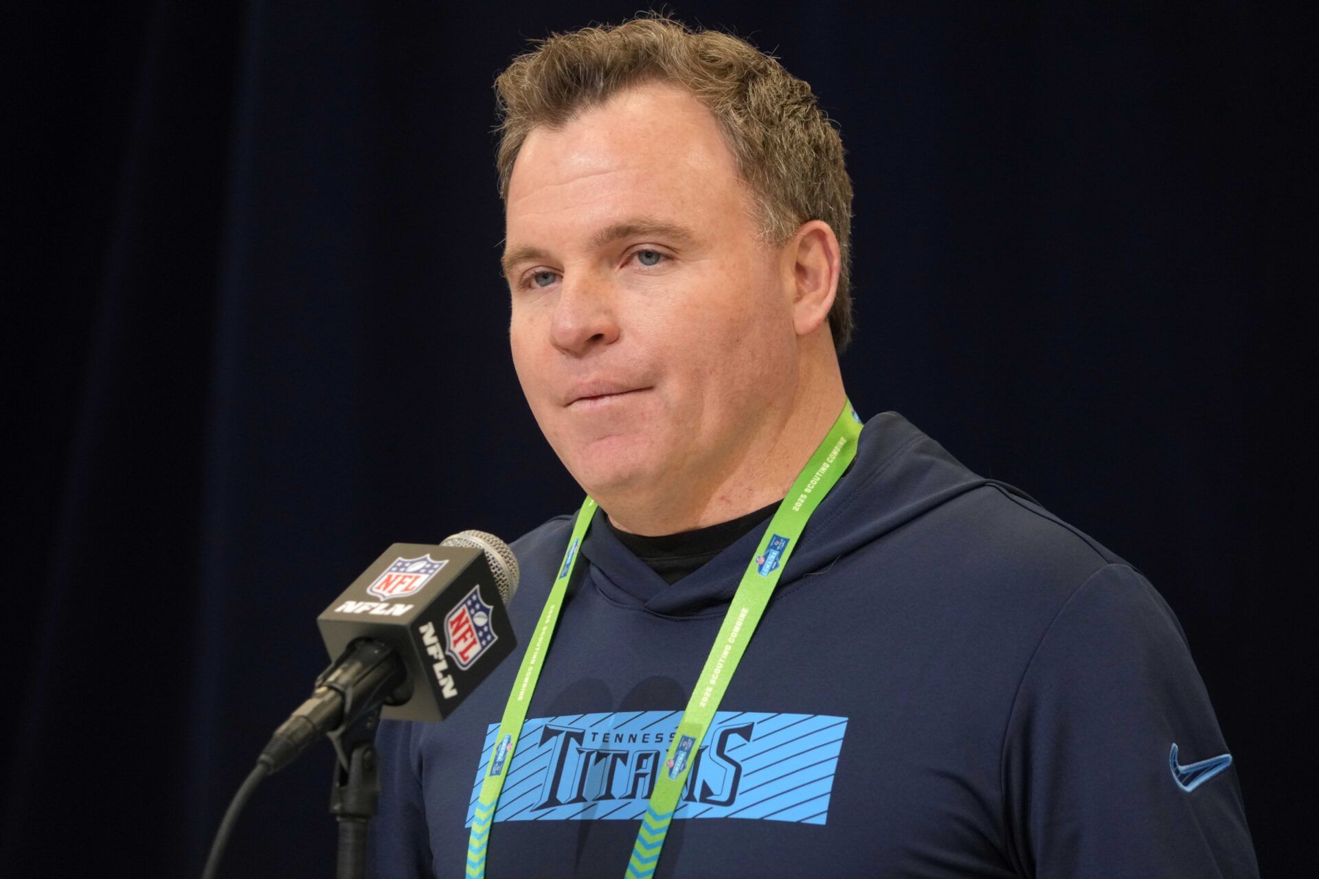 Tennessee Titans general manager Mike Borgonzi speaks during the NFL Scouting Combine at the Indiana Convention Center.