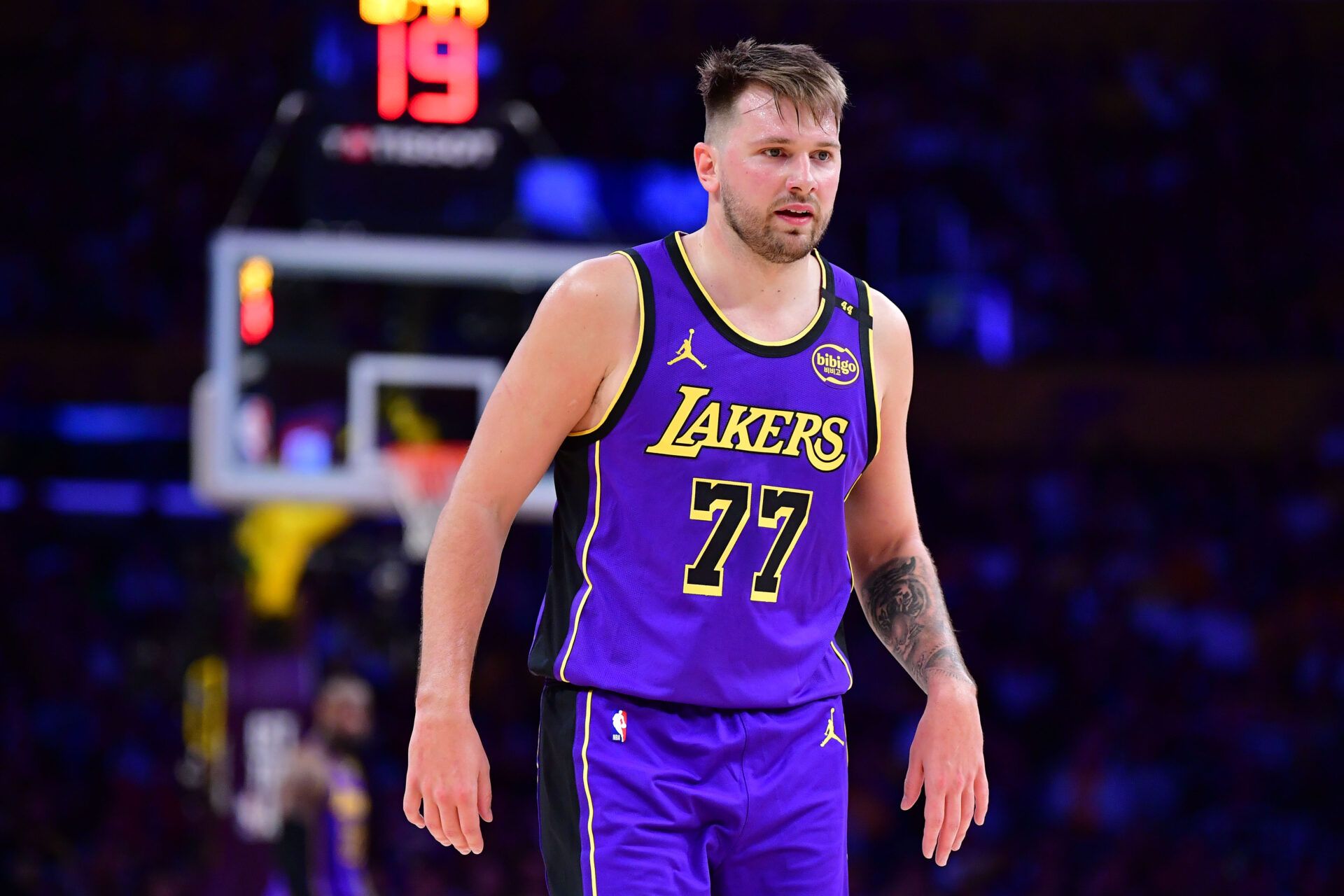 Feb 25, 2025; Los Angeles, California, USA; Los Angeles Lakers guard Luka Doncic (77) during the second half against the Dallas Mavericks at Crypto.com Arena. Mandatory Credit: Gary A. Vasquez-Imagn Images