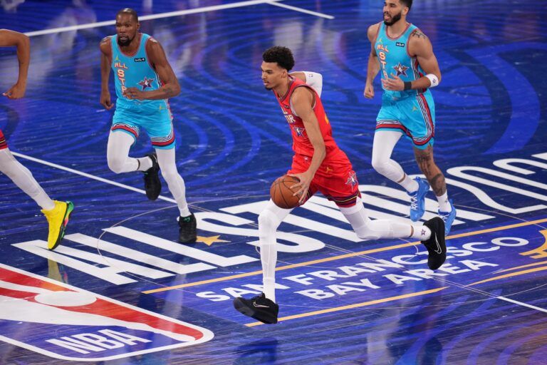 Chuck's Global Stars forward Victor Wembanyama (1) of the San Antonio Spurs dribbles the ball against Shaq's OGs during the 2025 NBA All Star Game at Chase Center.