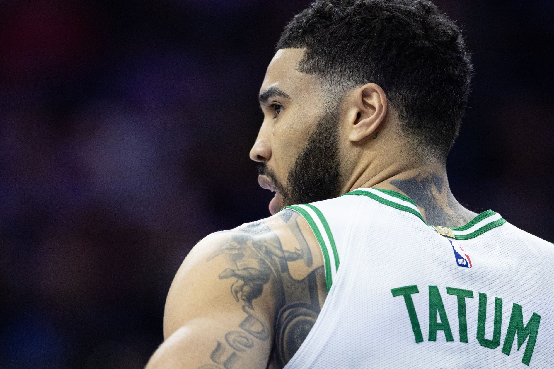 Boston Celtics forward Jayson Tatum (0) looks on during the third quarter against the Philadelphia 76ers at Wells Fargo Center.