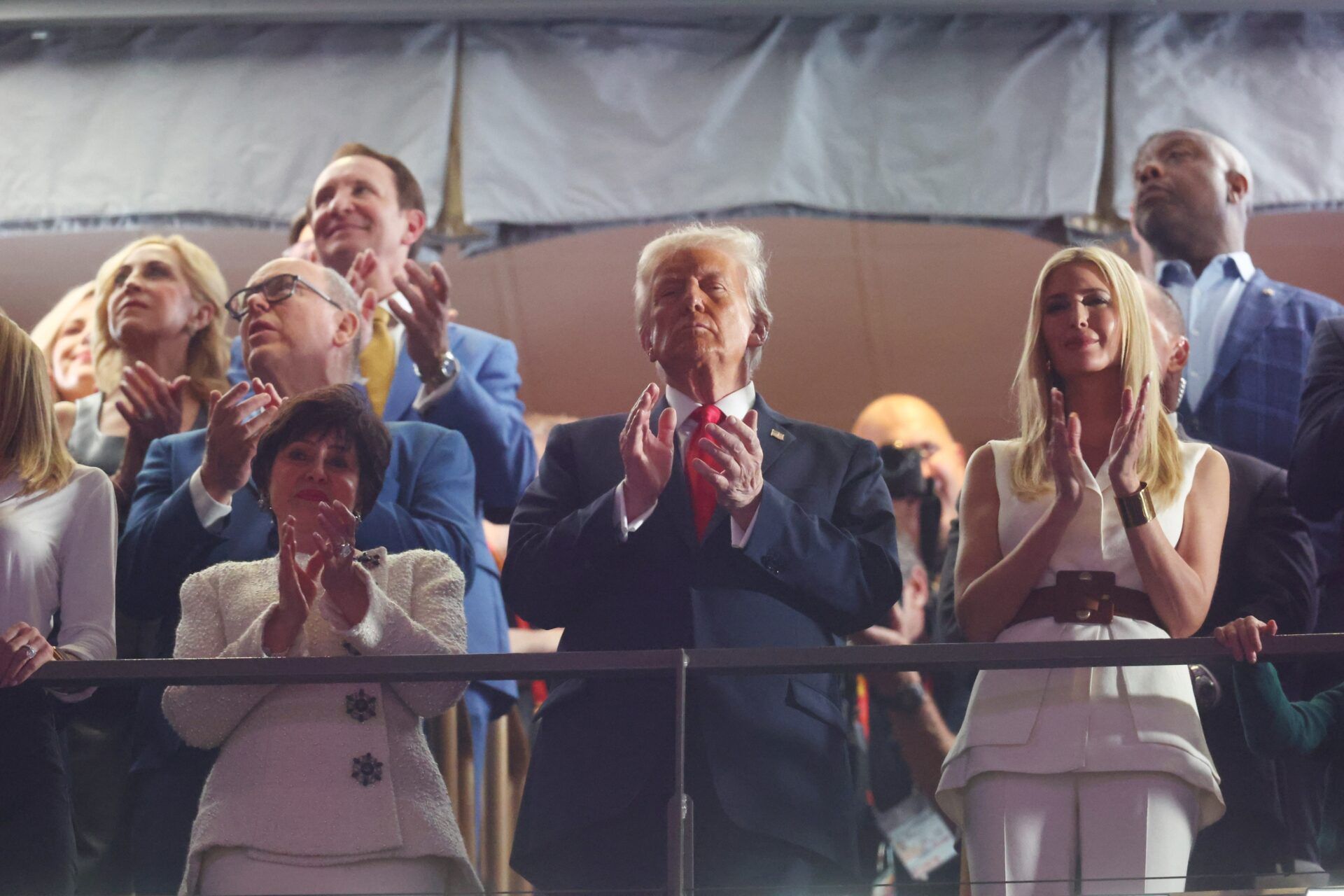 President Donald Trump and Ivanka Trump react during the playing of the national anthem in Super Bowl LIX between the Philadelphia Eagles and the Kansas City Chiefs at Caesars Superdome.