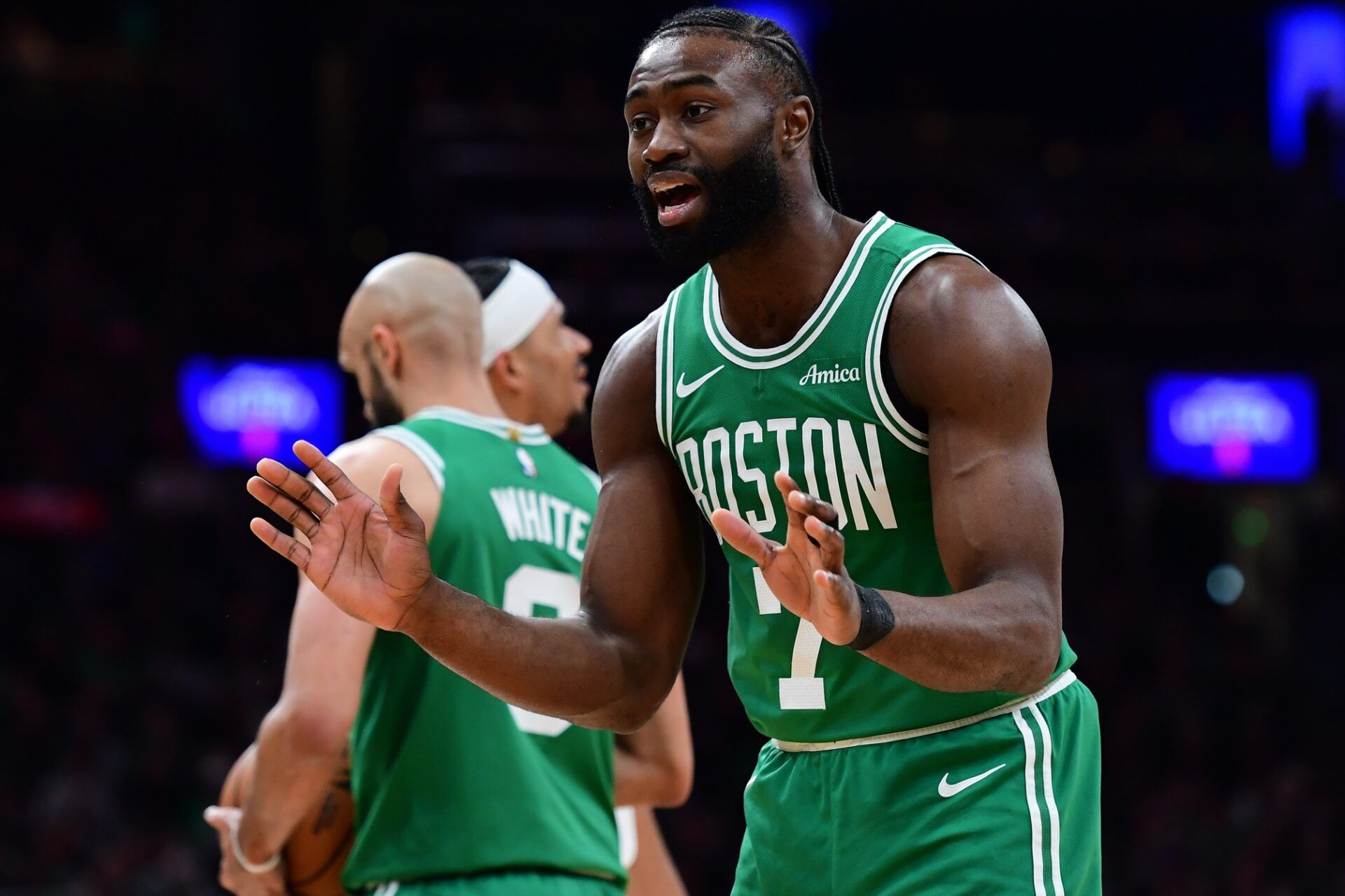 Boston Celtics guard Jaylen Brown (7) reacts after a call during the first half against the New York Knicks at TD Garden.