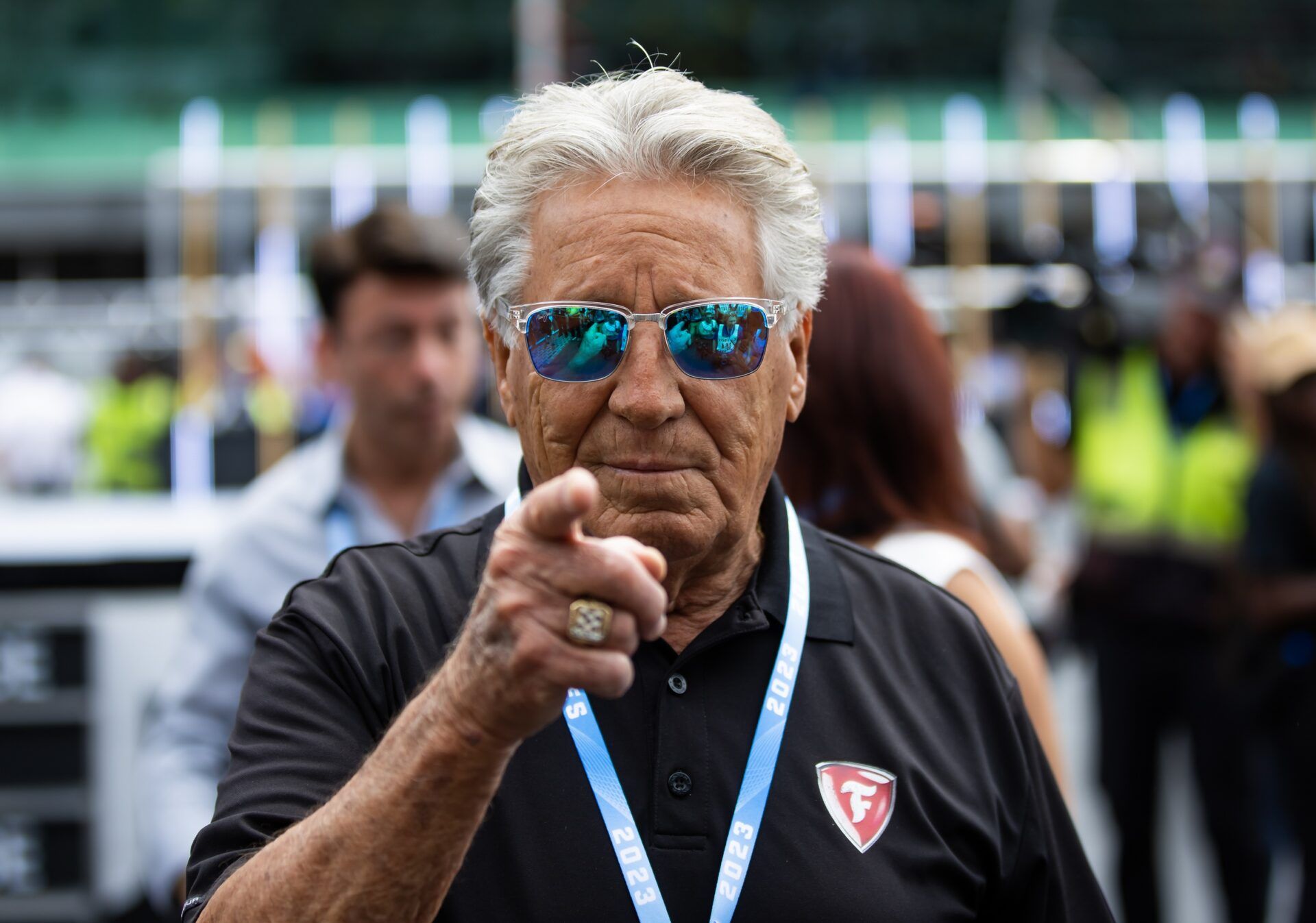 IndyCar Series former driver Mario Andretti reacts prior to the Indianapolis 500 at Indianapolis Motor Speedway.