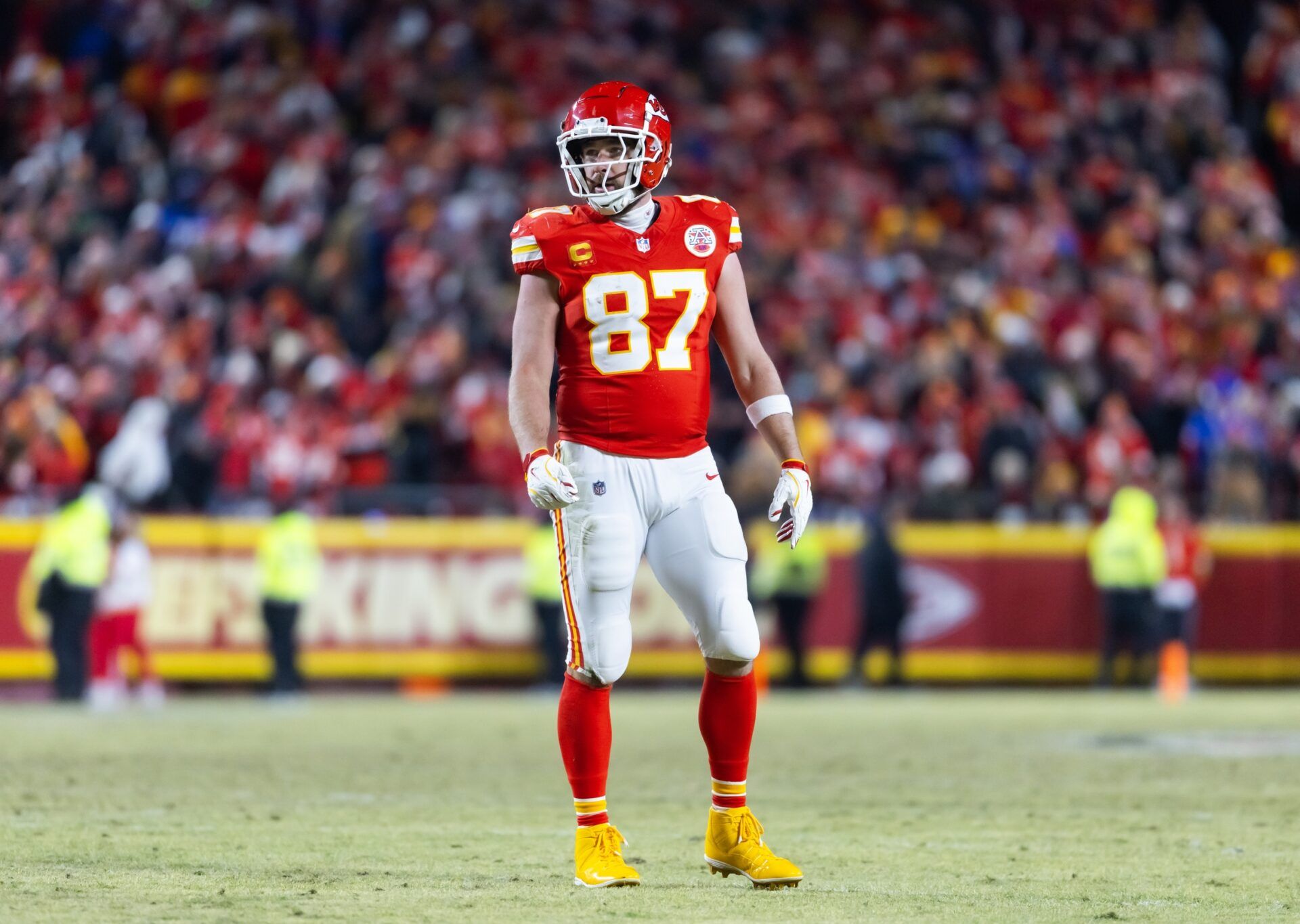 Kansas City Chiefs tight end Travis Kelce (87) against the Buffalo Bills during the AFC Championship game at GEHA Field at Arrowhead Stadium.