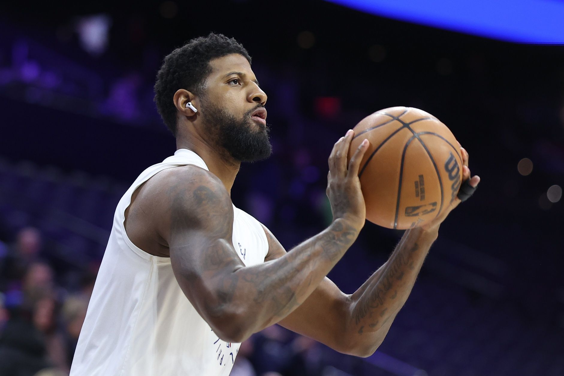 Philadelphia 76ers forward Paul George before a game against the Chicago Bulls at Wells Fargo Center.