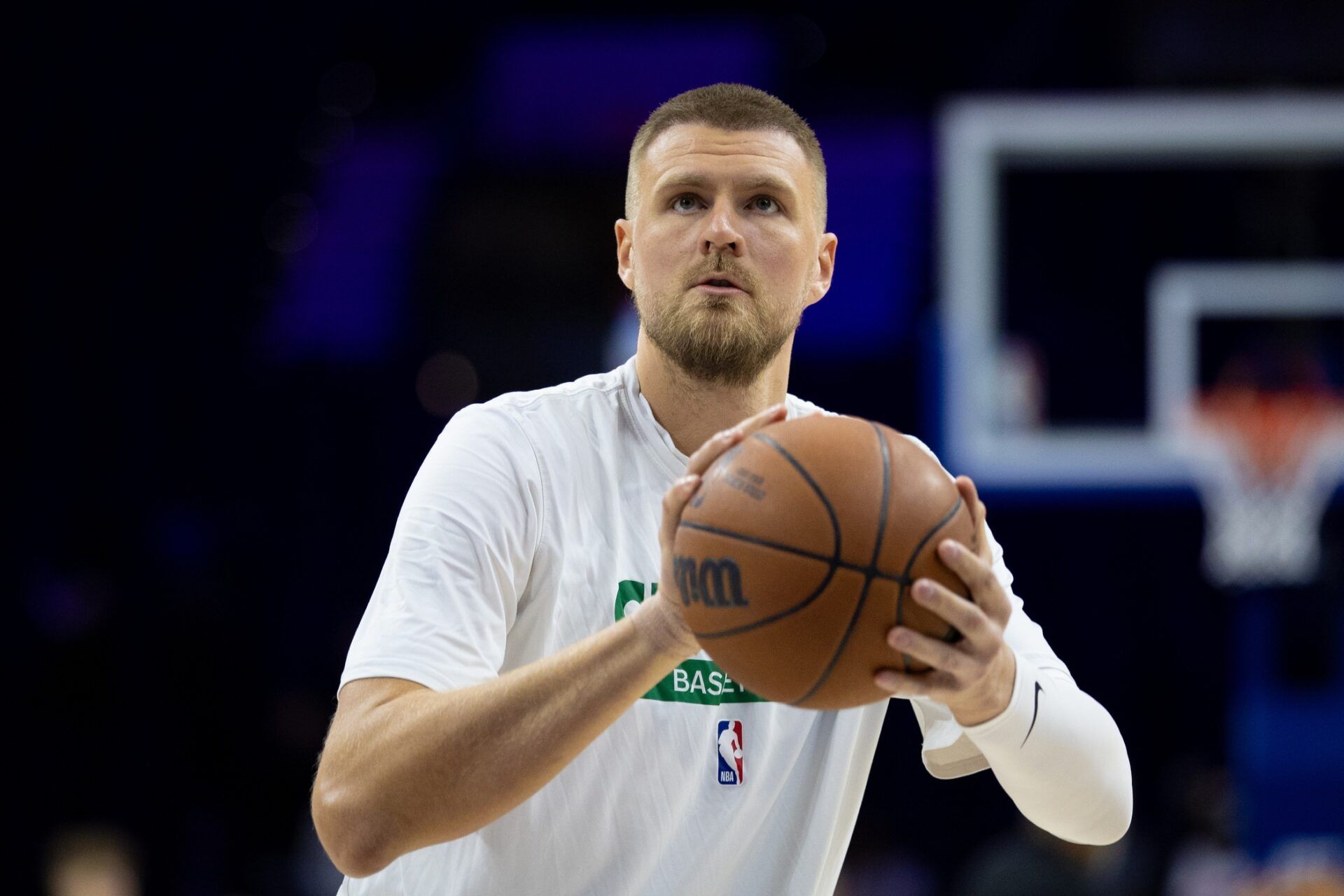 Boston Celtics center Kristaps Porzingis before a game against the Philadelphia 76ers at Wells Fargo Center.