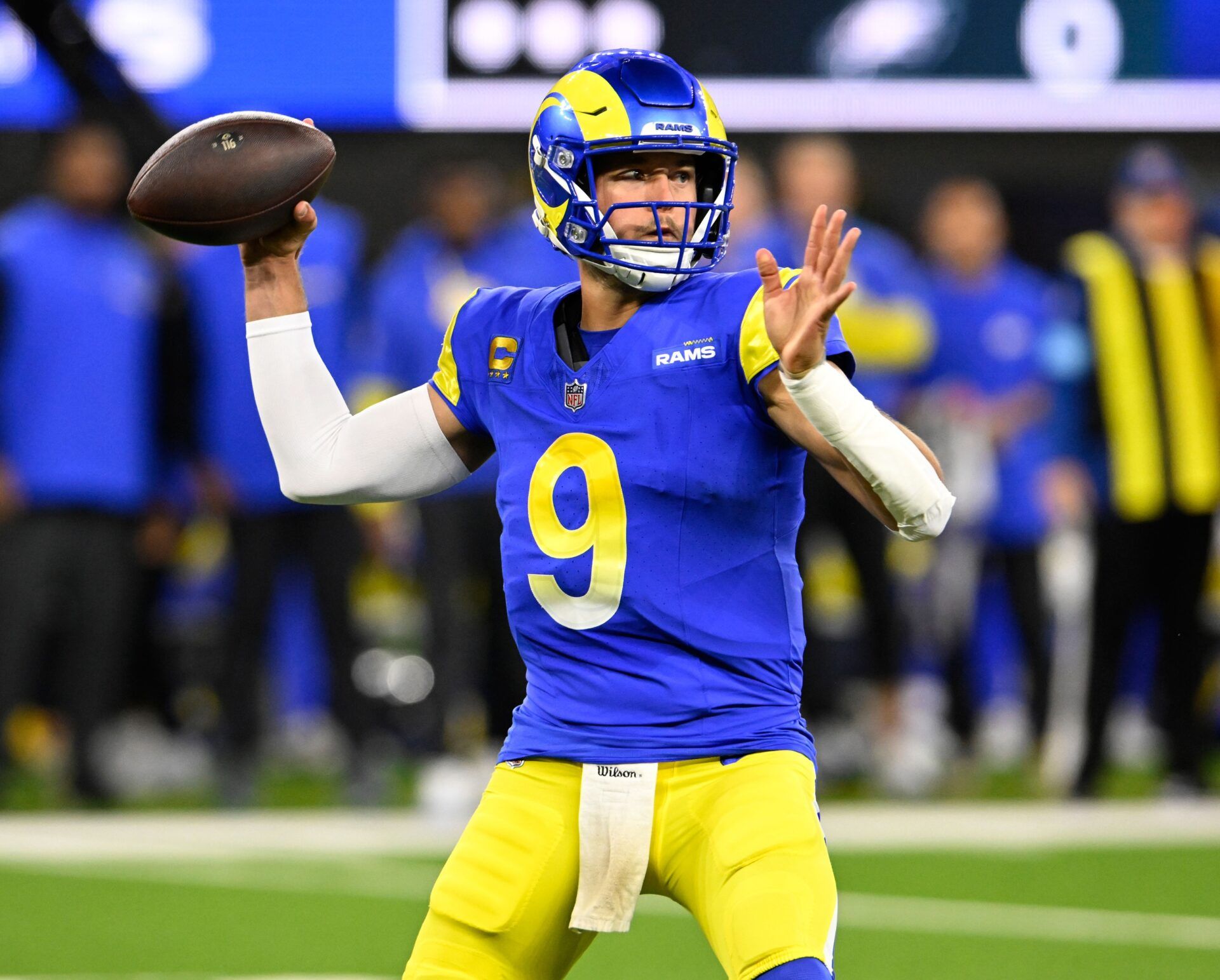 Los Angeles Rams quarterback Matthew Stafford (9) throws down field during the first half against the Philadelphia Eagles at SoFi Stadium.