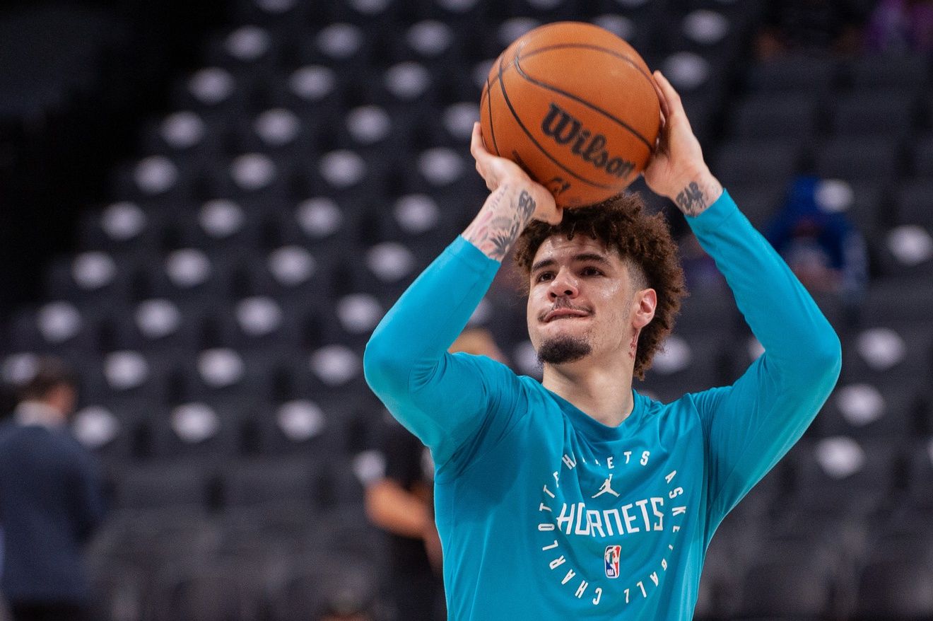 Charlotte Hornets guard LaMelo Ball (1) takes a jump shot during pregame warmups before the game against the Sacramento Kings at Golden 1 Center.