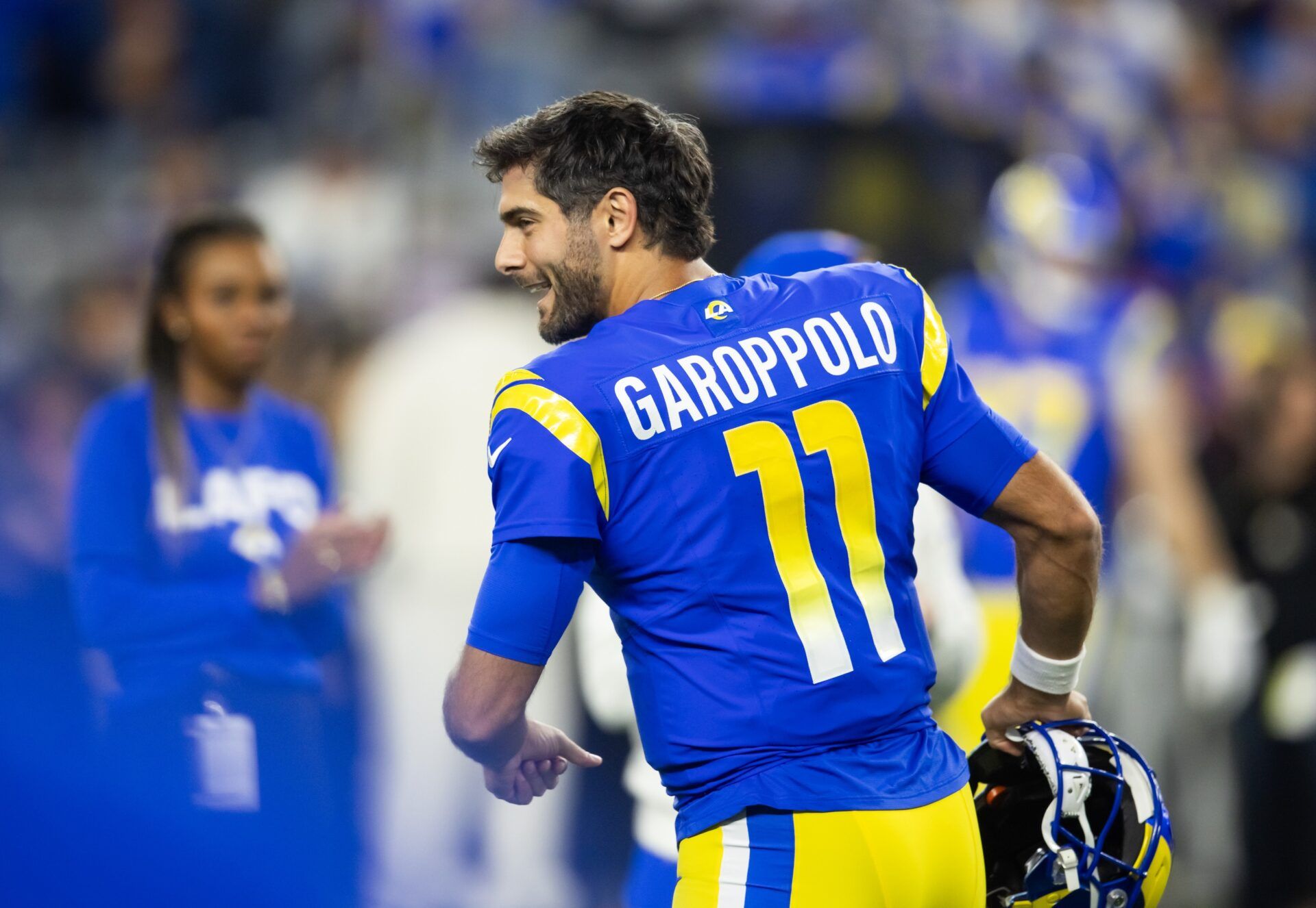 Detailed view of the jersey of Los Angeles Rams quarterback Jimmy Garoppolo (11) against the Minnesota Vikings during an NFC wild card game at State Farm Stadium.