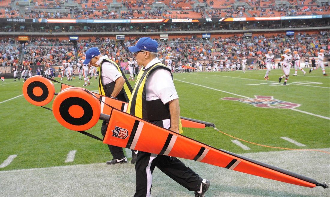 The chain gang during a game between the Cincinnati Bengals and the Cleveland Browns at Cleveland Browns Stadium.