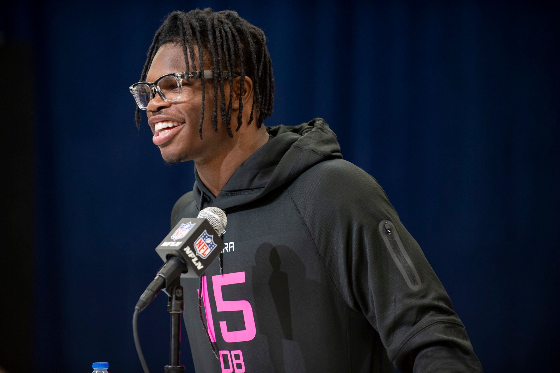 Feb 27, 2025; Indianapolis, IN, USA; Colorado defensive back Travis Hunter (DB15) during the 2025 NFL Combine at Lucas Oil Stadium. Mandatory Credit: Tanner Pearson-Imagn Images