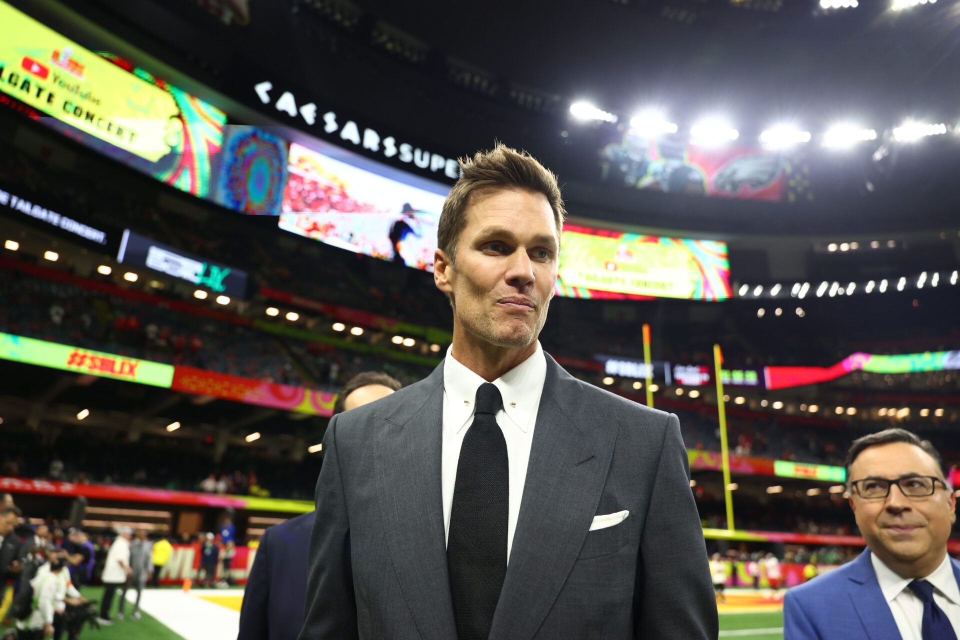 Feb 9, 2025; New Orleans, LA, USA; Tom Brady on the field before Super Bowl LIX between the Philadelphia Eagles and the Kansas City Chiefs at Ceasars Superdome. Mandatory Credit: Mark J. Rebilas-Imagn Images