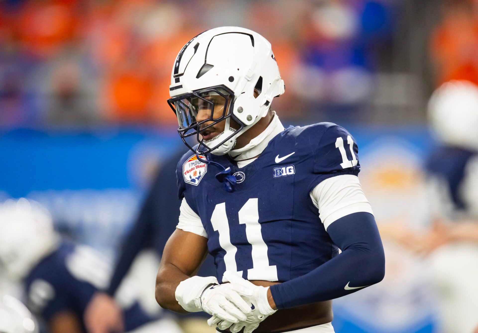 Dec 31, 2024; Glendale, AZ, USA; Penn State Nittany Lions defensive end Abdul Carter (11) against the Boise State Broncos in the Fiesta Bowl at State Farm Stadium. Mandatory Credit: Mark J. Rebilas-Imagn Images