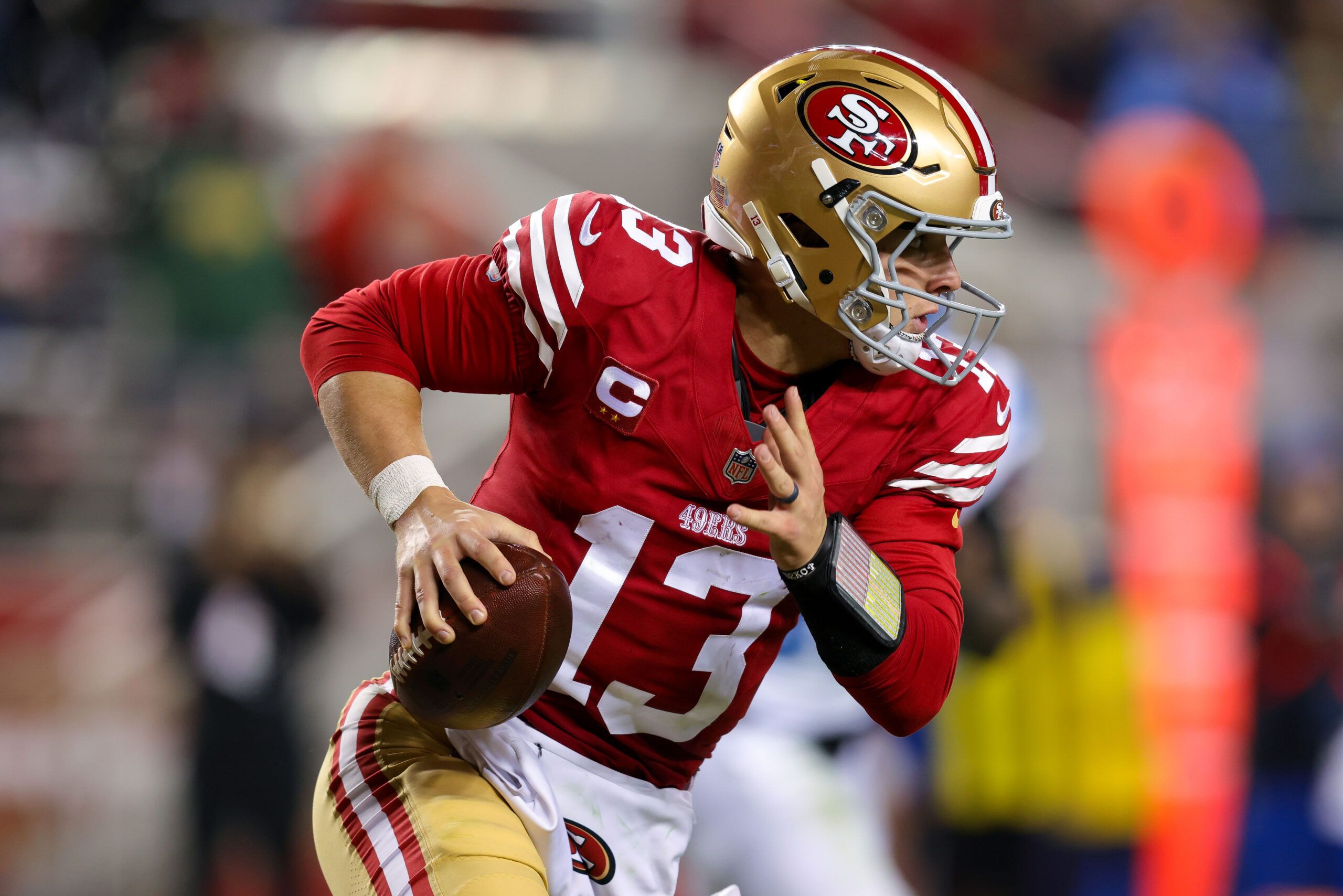 Dec 30, 2024; Santa Clara, California, USA; San Francisco 49ers quarterback Brock Purdy (13) during the game against the Detroit Lions at Levi's Stadium. Mandatory Credit: Sergio Estrada-Imagn Images