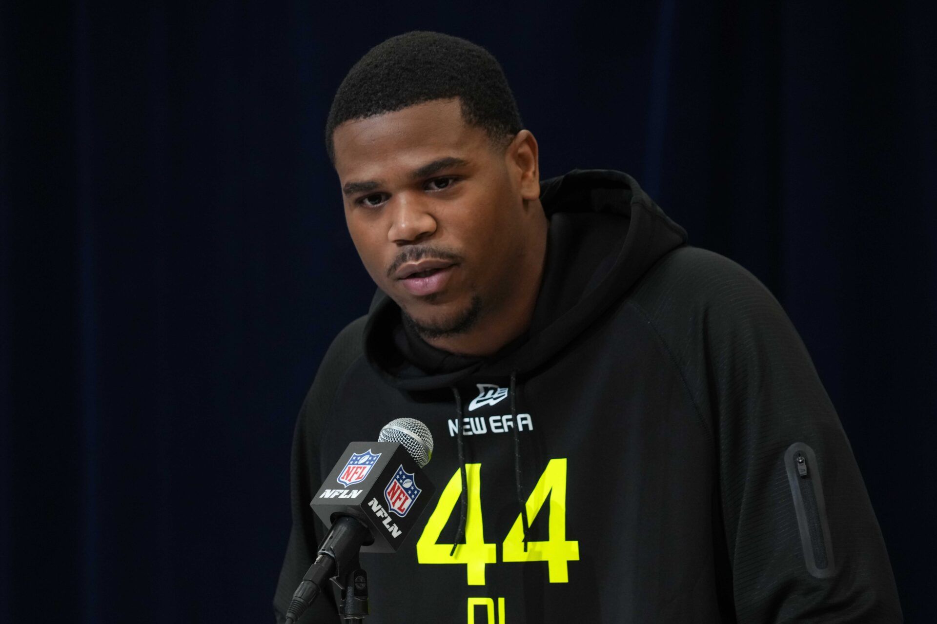 Feb 27, 2025; Indianapolis, IN, USA; Penn State defensive lineman Abdul Carter (DL44) during the 2025 NFL Scouting Combine at the Indiana Convention Center. Mandatory Credit: Kirby Lee-Imagn Images