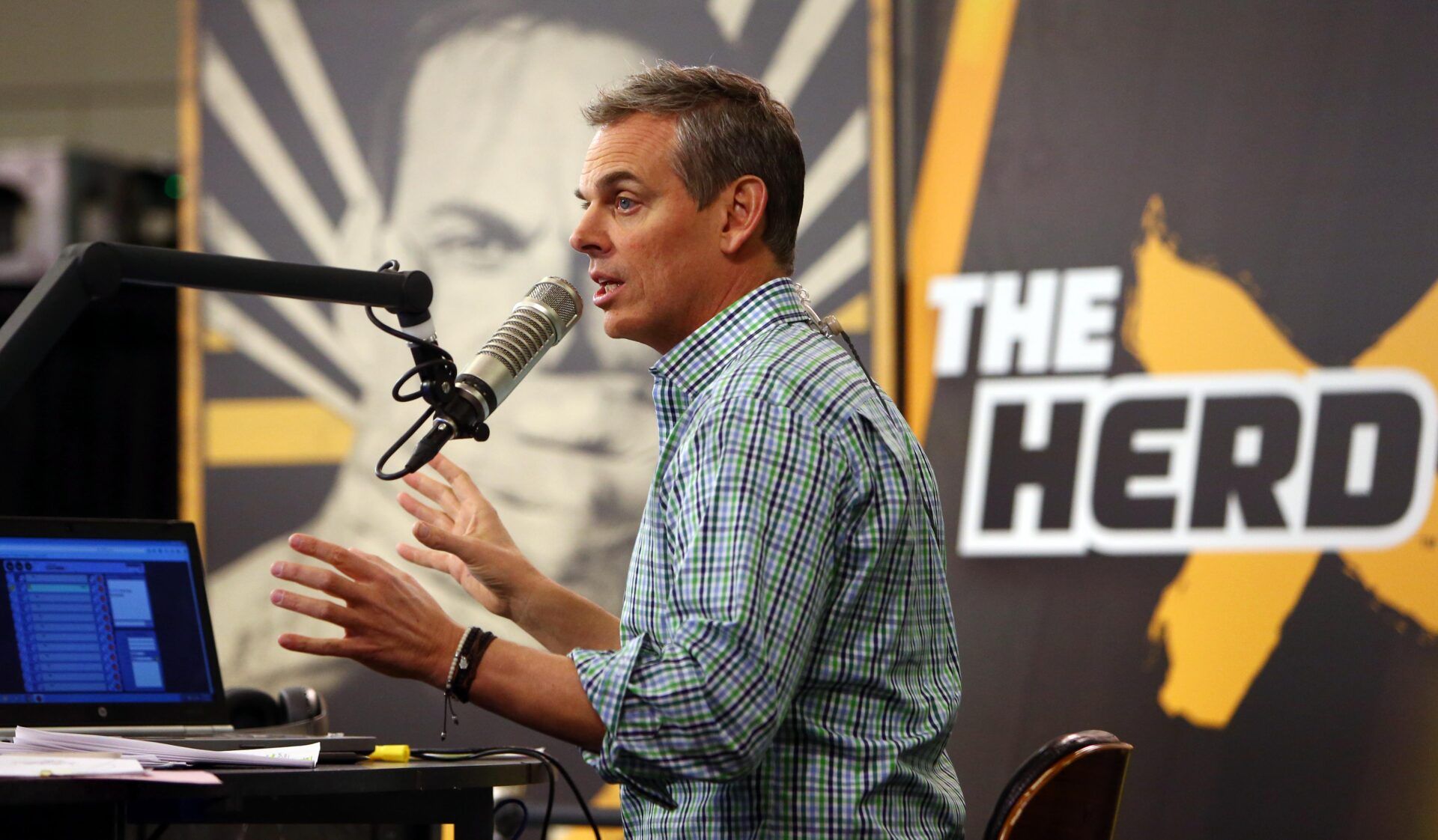 Feb 1, 2016; San Francisco, CA, USA; Radio personality Colin Cowherd broadcasts on radio row at the Moscone Center in advance of Super Bowl 50 between the Carolina Panthers and the Denver Broncos. Mandatory Credit: Jerry Lai-USA TODAY Sports