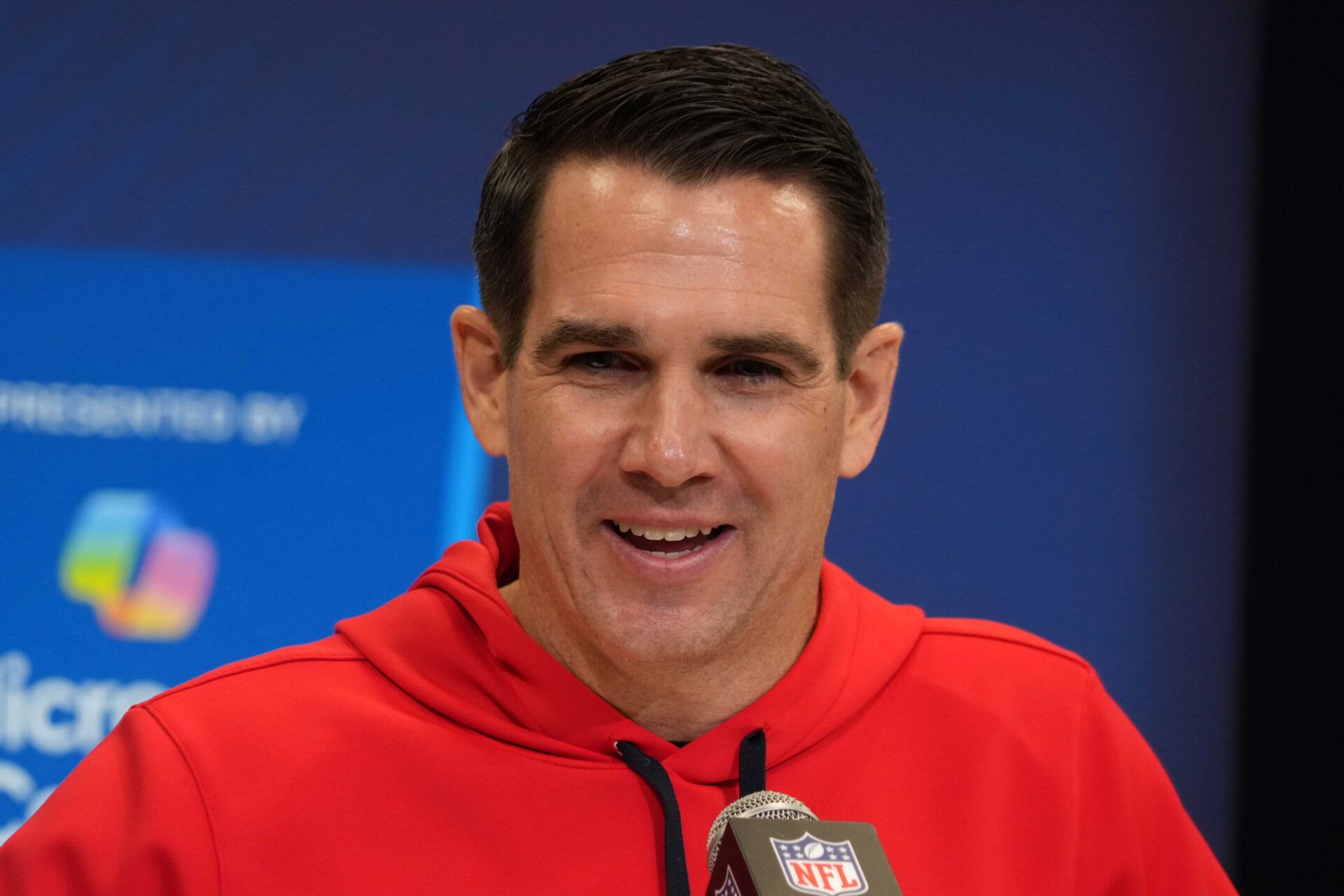 Feb 25, 2025; Indianapolis, IN, USA; New York Giants general manager Joe Schoen speaks during the NFL Scouting Combine at the Indiana Convention Center. Mandatory Credit: Kirby Lee-Imagn Images