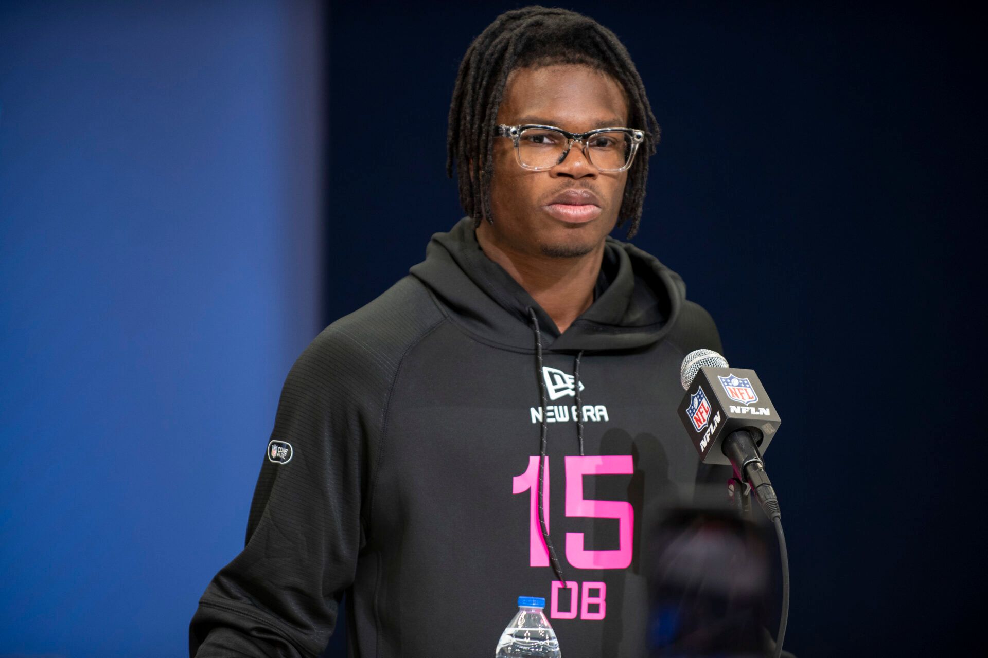 Feb 27, 2025; Indianapolis, IN, USA; Colorado defensive back Travis Hunter (DB15) during the 2025 NFL Combine at Lucas Oil Stadium. Mandatory Credit: Tanner Pearson-Imagn Images