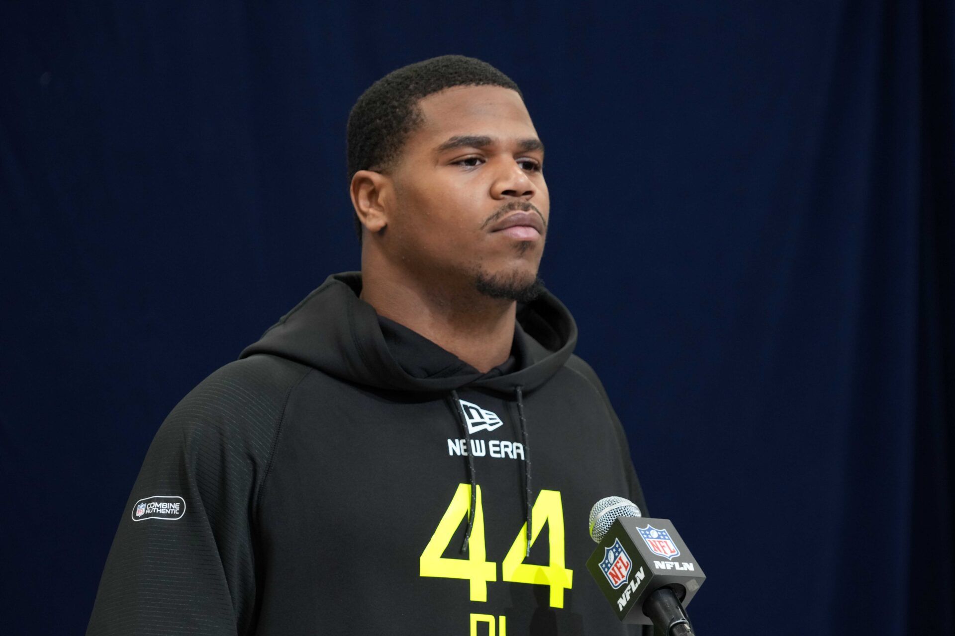 Feb 27, 2025; Indianapolis, IN, USA; Penn State defensive lineman Abdul Carter (DL44) during the 2025 NFL Scouting Combine at the Indiana Convention Center. Mandatory Credit: Kirby Lee-Imagn Images