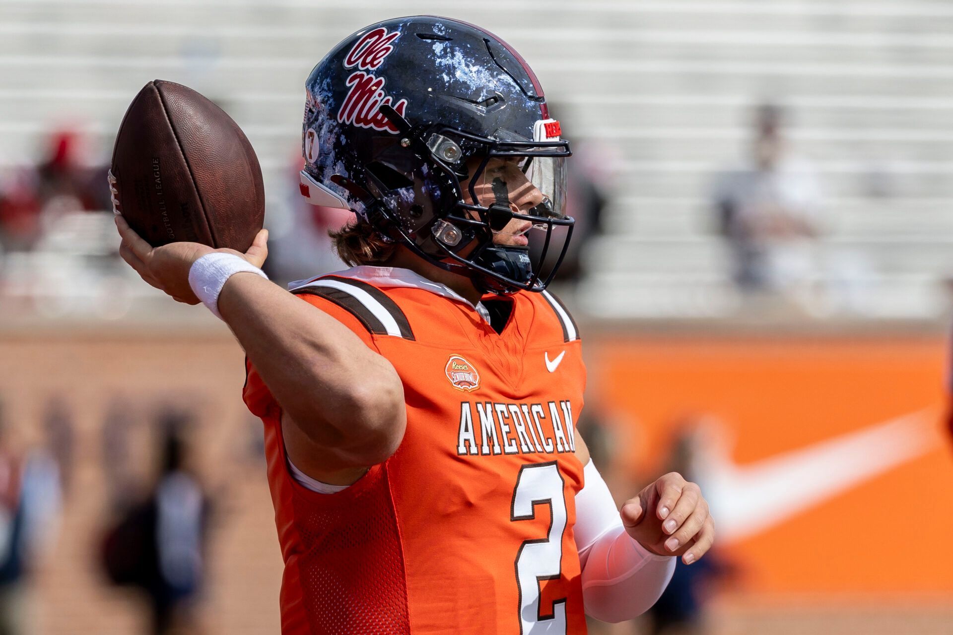 Feb 1, 2025; Mobile, AL, USA; American team quarterback Jaxson Dart of Ole Miss (2) warms up before the 2025 Senior Bowl football game against the National Team at Hancock Whitney Stadium. Mandatory Credit: Vasha Hunt-Imagn Images