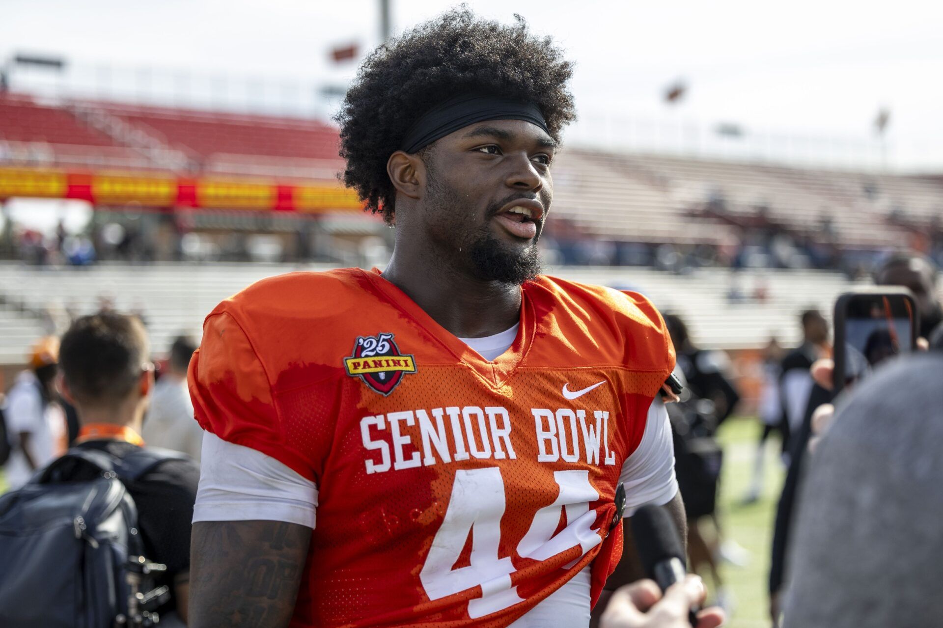 National team tight end Harold Fannin Jr. of Bowling Green (44) talks with media members after Senior Bowl practice at Hancock Whitney Stadium.