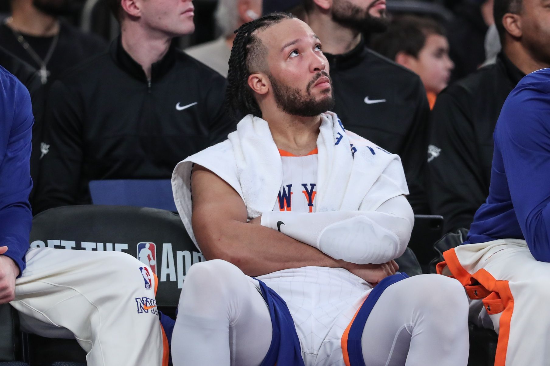 New York Knicks guard Jalen Brunson (11) sits on the bench in the final minutes of the game against the Boston Celtics at Madison Square Garden.