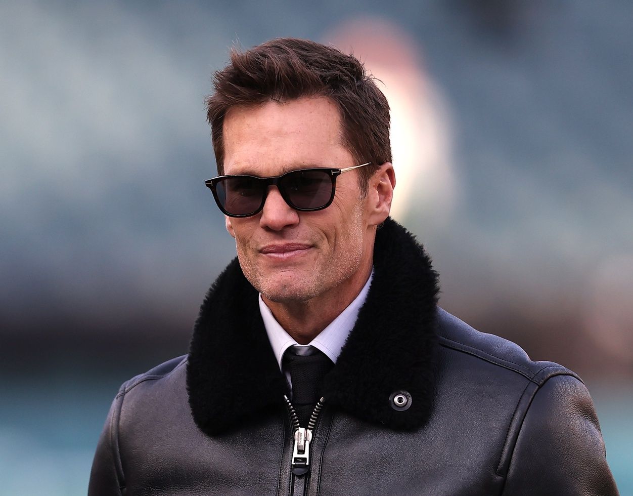 Announcer Tom Brady looks on before an NFC wild card game between the Philadelphia Eagles and the Green Bay Packers at Lincoln Financial Field.