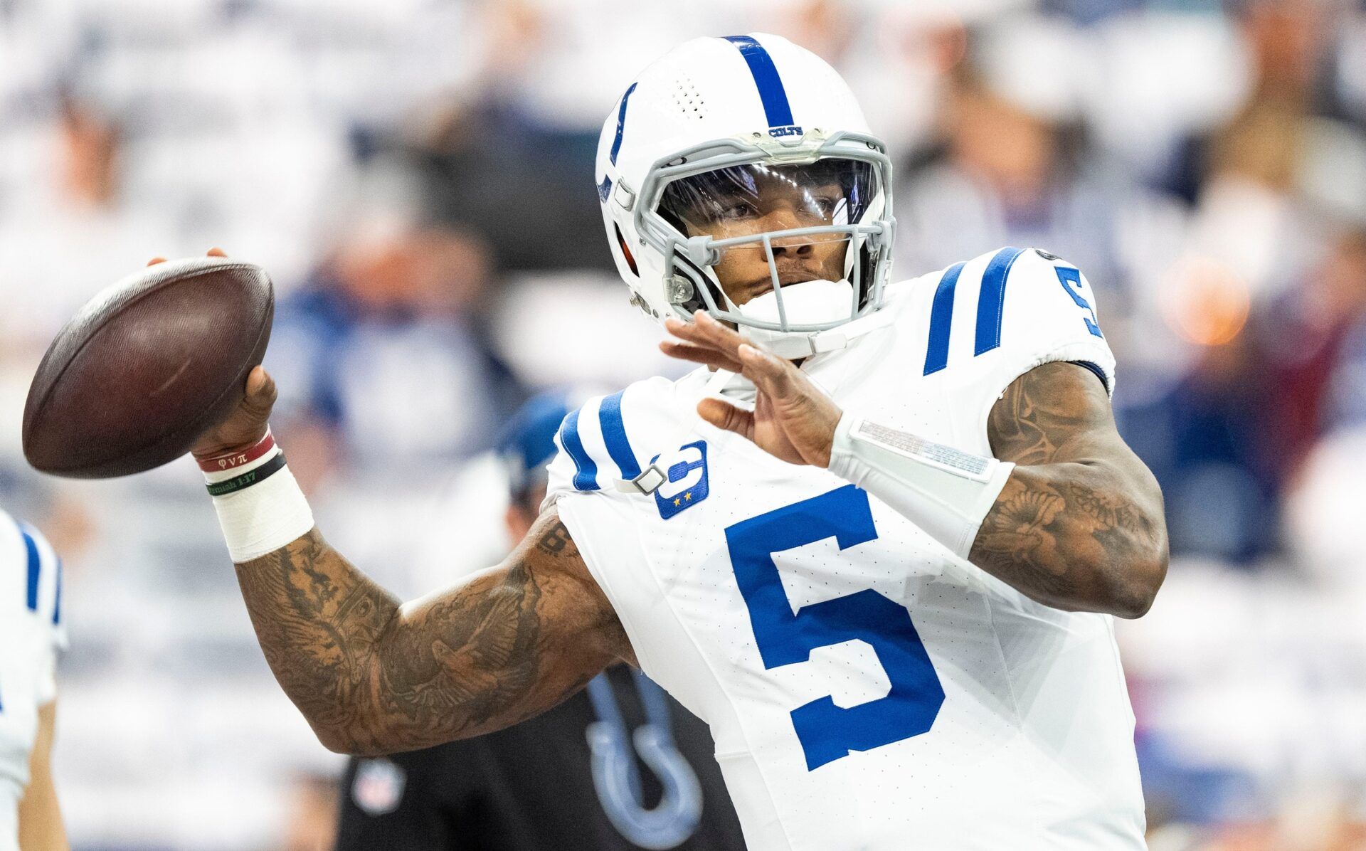 Indianapolis Colts quarterback Anthony Richardson (5) throws the ball during warm-up Sunday, Dec. 22, 2024, ahead of a game against the Tennessee Titans at Lucas Oil Stadium in Indianapolis.