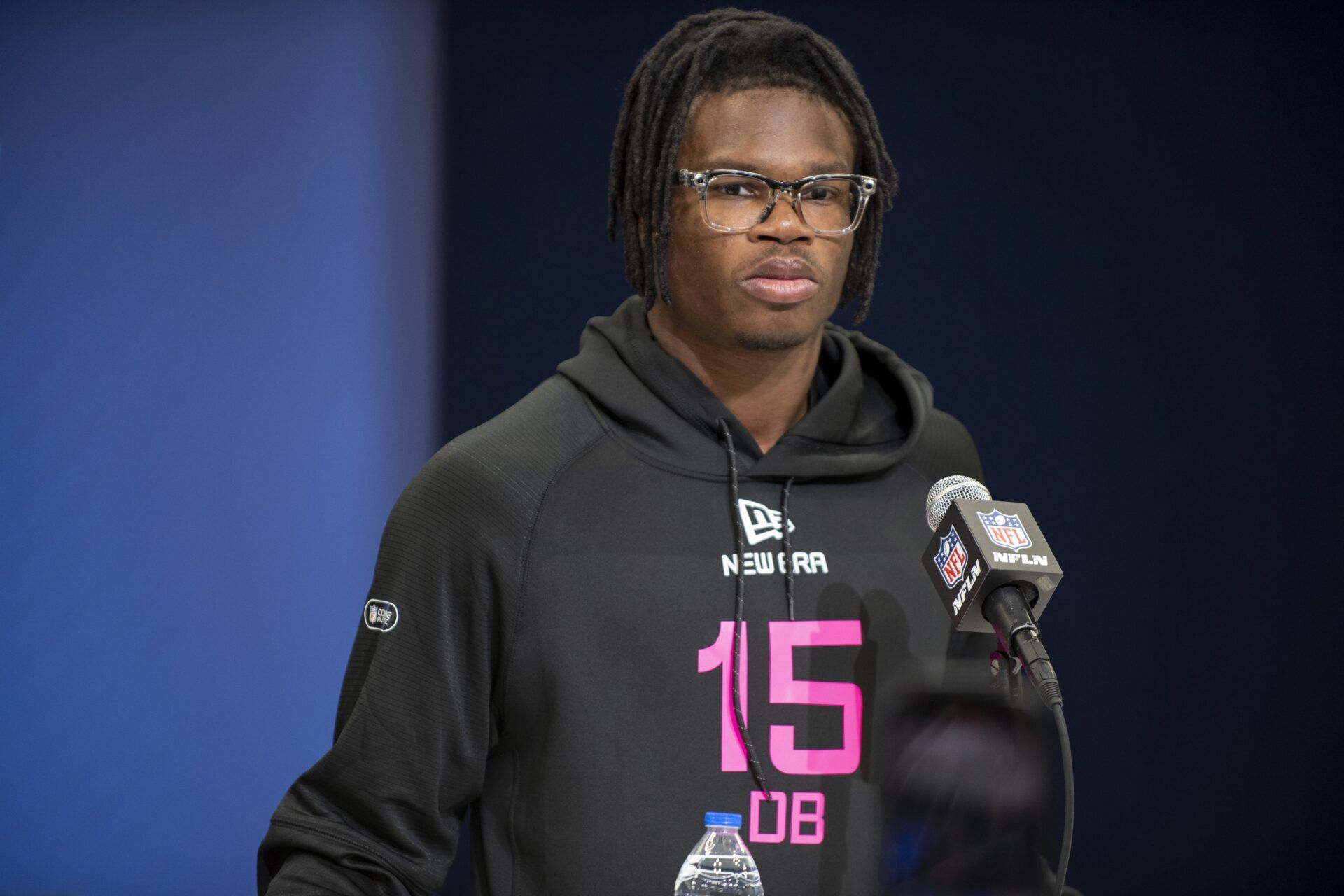 Colorado defensive back Travis Hunter (DB15) during the 2025 NFL Combine at Lucas Oil Stadium.