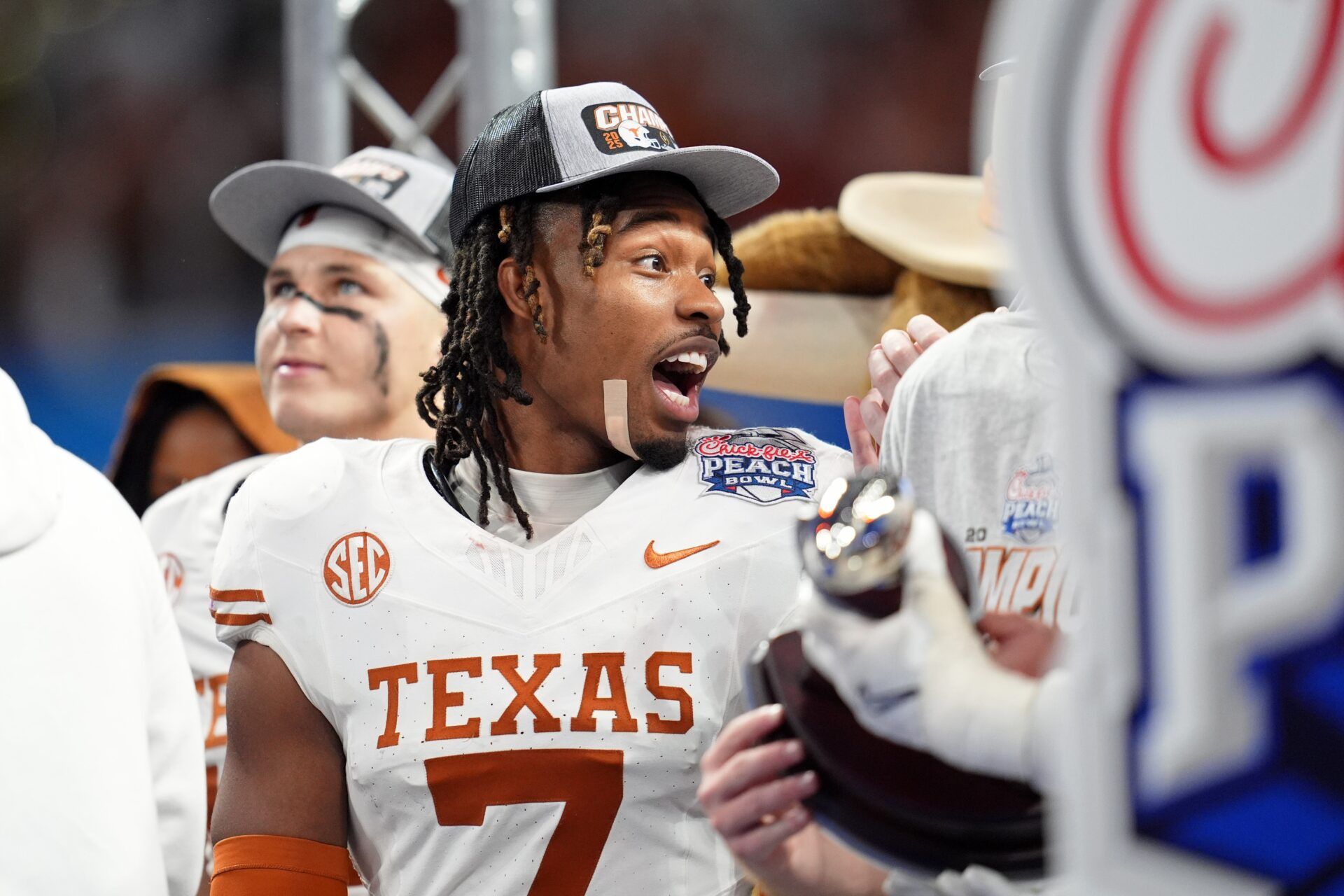 Texas Longhorns wide receiver Isaiah Bond (7) after winning the Peach Bowl at Mercedes-Benz Stadium.