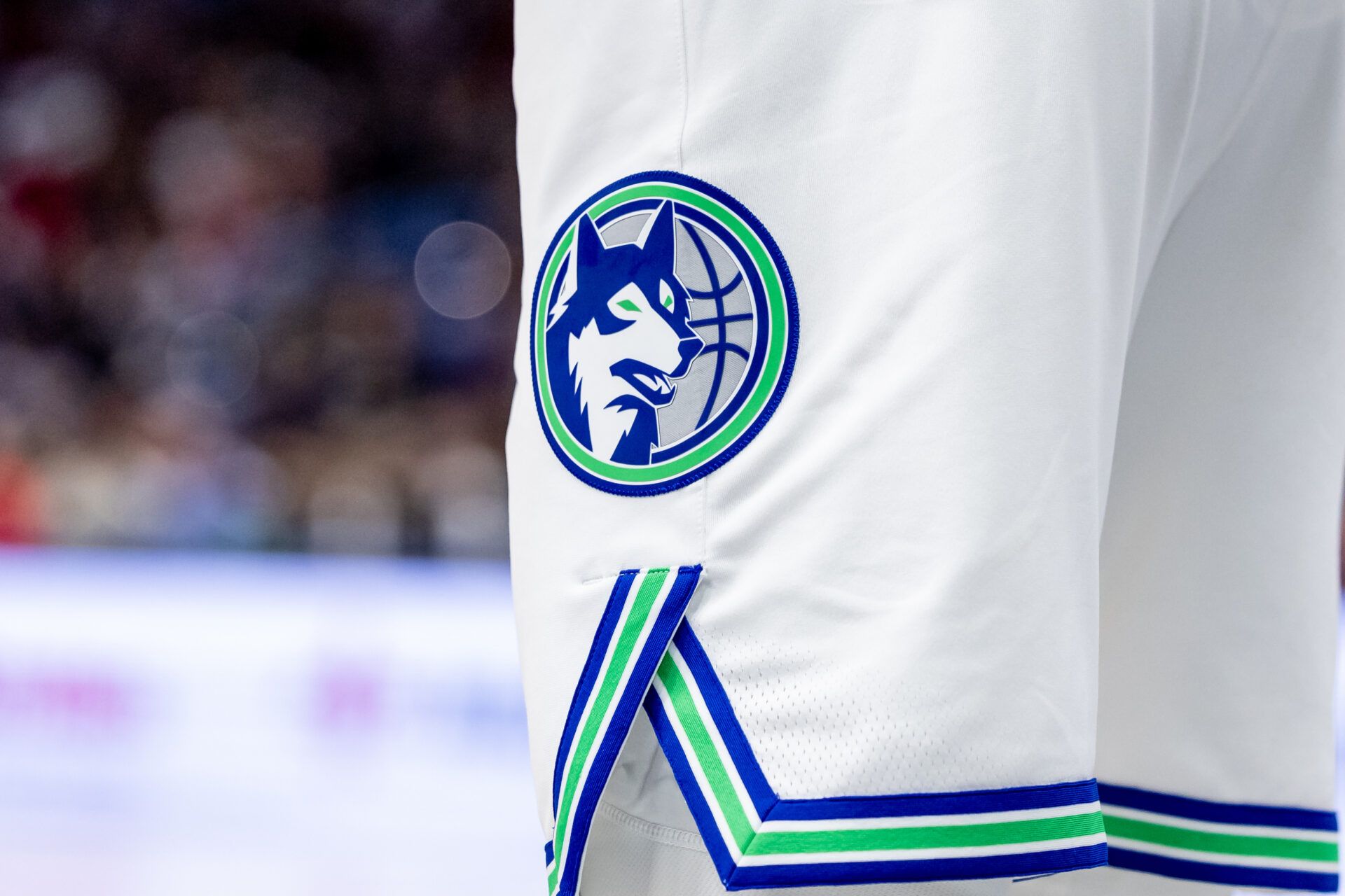 Nov 18, 2023; New Orleans, Louisiana, USA; Detailed view of the Minnesota Timberwolves logo against the New Orleans Pelicans during the second half at the Smoothie King Center. Mandatory Credit: Stephen Lew-USA TODAY Sports