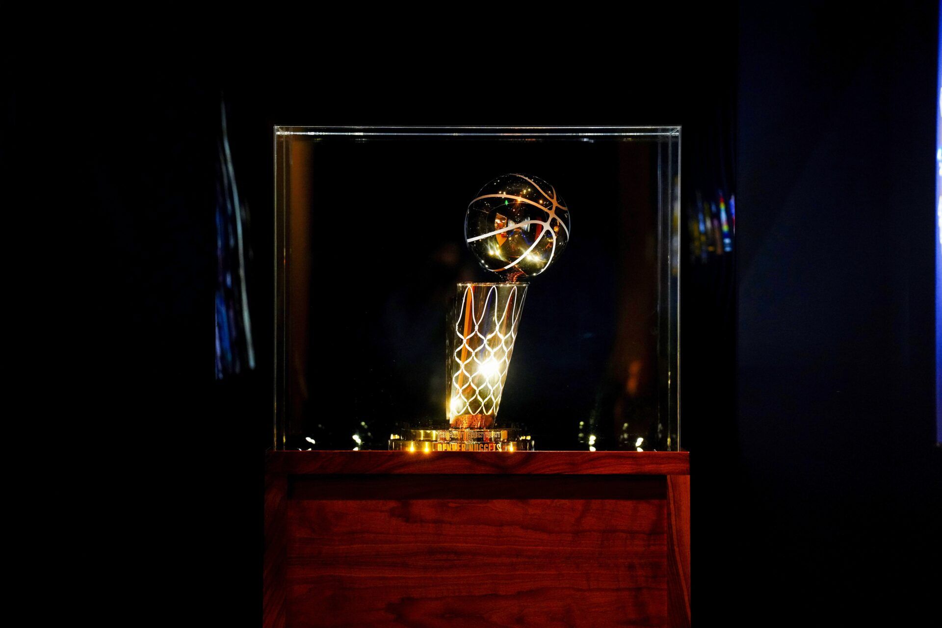 General view of the Denver Nuggets 2023 Larry O'Brien championship trophy before the game against the Utah Jazz at Ball Arena.