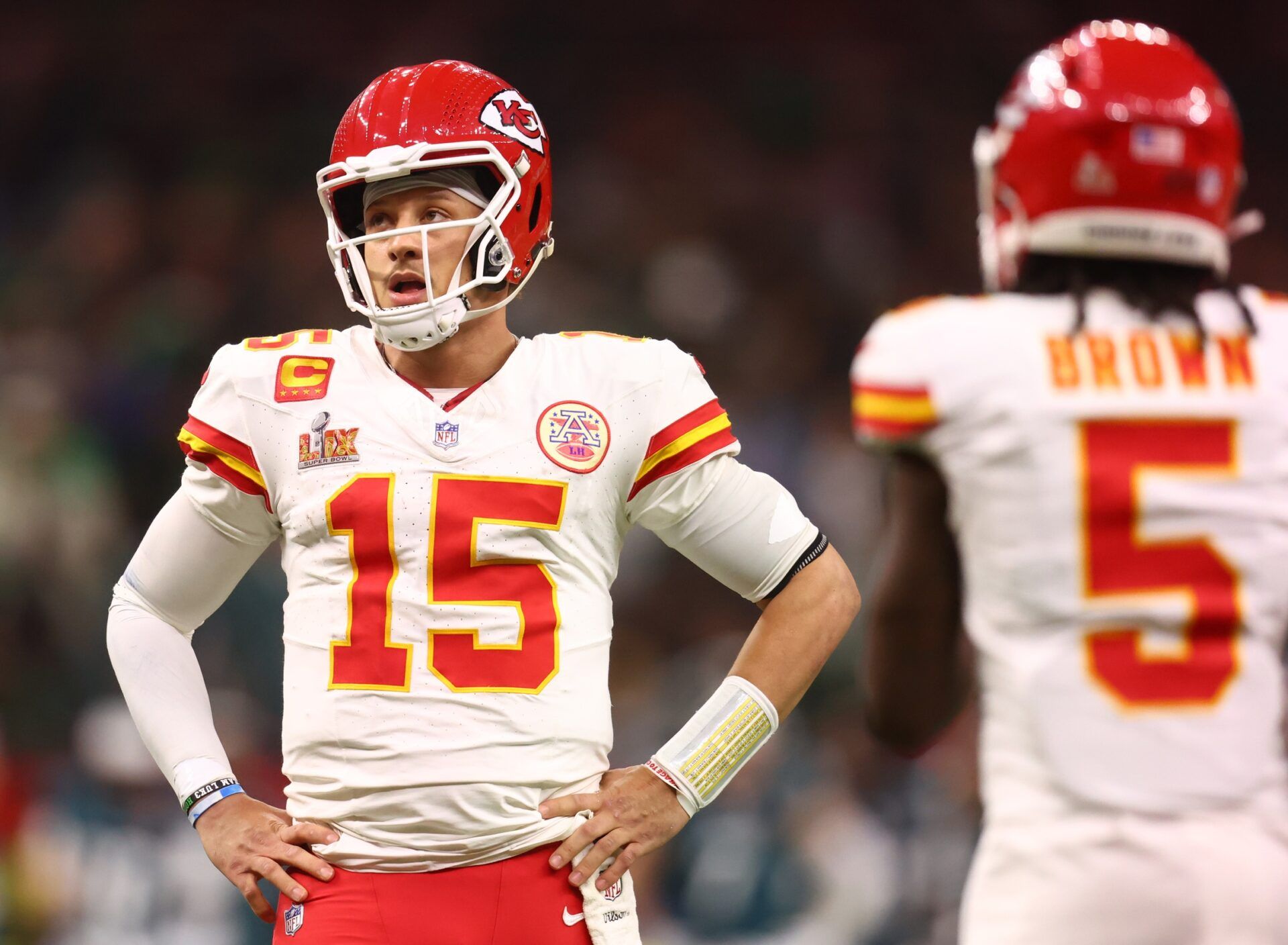 Kansas City Chiefs quarterback Patrick Mahomes (15) reacts in the fourth quarter against the Philadelphia Eagles in Super Bowl 59 at Caesars Superdome.