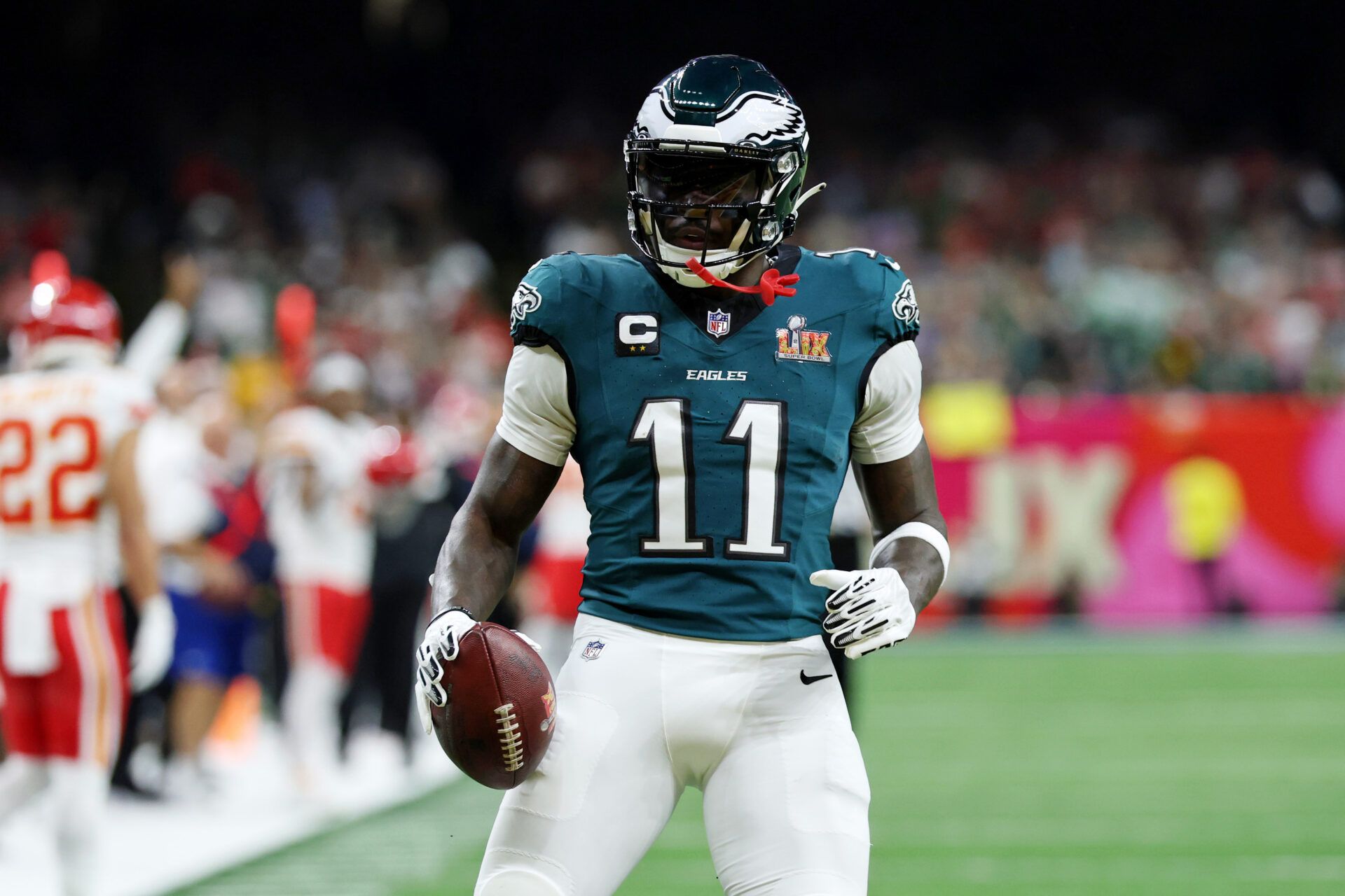 Feb 9, 2025; New Orleans, LA, USA; Philadelphia Eagles wide receiver A.J. Brown (11) reacts after making a catch against the Kansas City Chiefs during the first half of Super Bowl LIX at Caesars Superdome. Mandatory Credit: Geoff Burke-Imagn Images