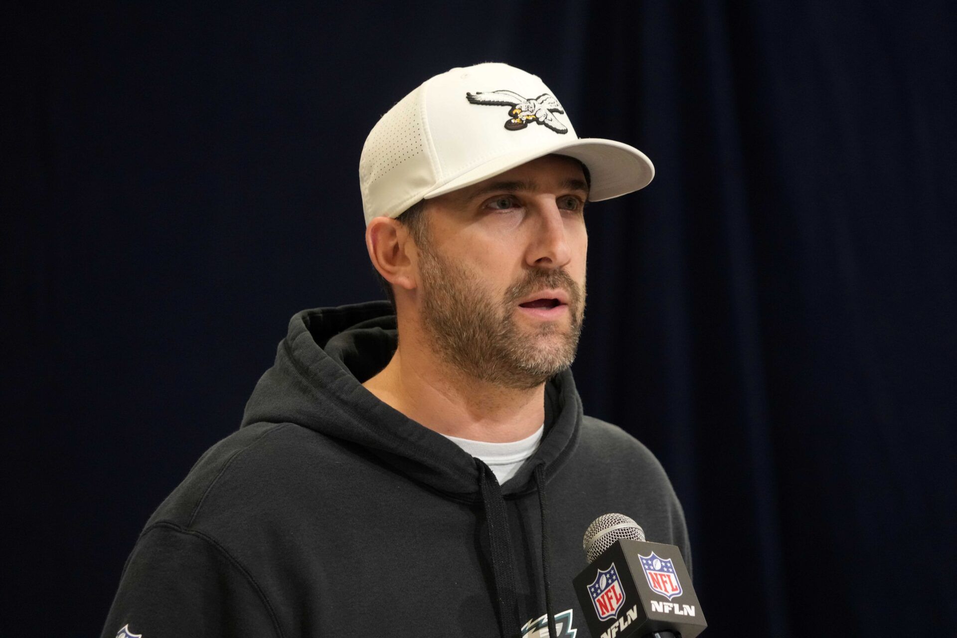 Philadelphia Eagles coach Nick Sirianni speaks during the NFL Scouting Combine at the Indiana Convention Center.