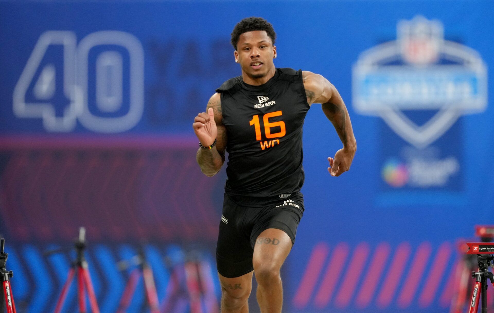 Texas wideout Matthew Golden (WO16) during the 2025 NFL Combine at Lucas Oil Stadium.