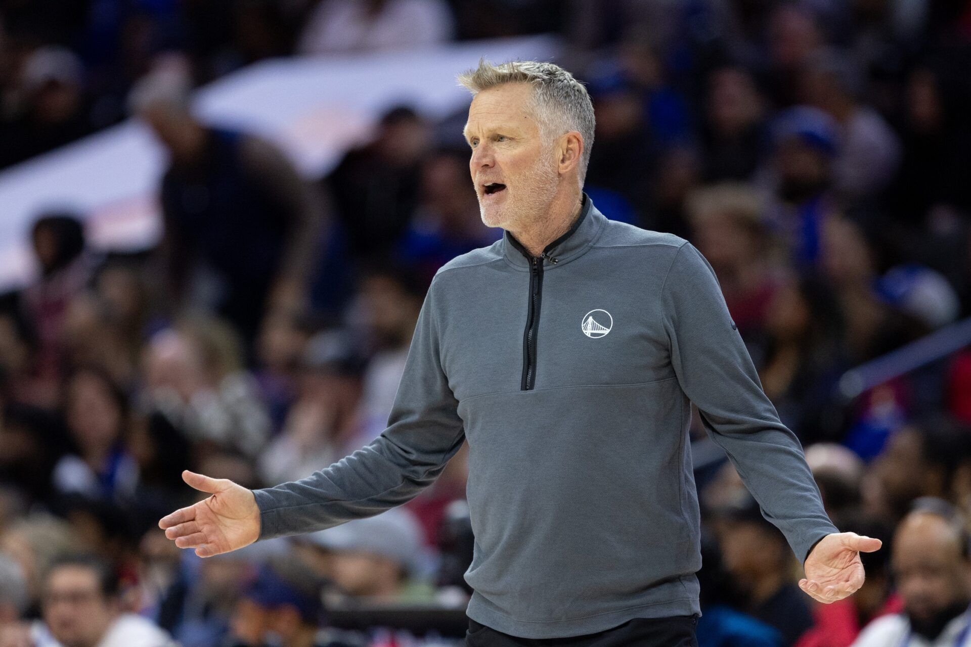 Golden State Warriors head coach Steve Kerr reacts during the second quarter against the Philadelphia 76ers at Wells Fargo Center.