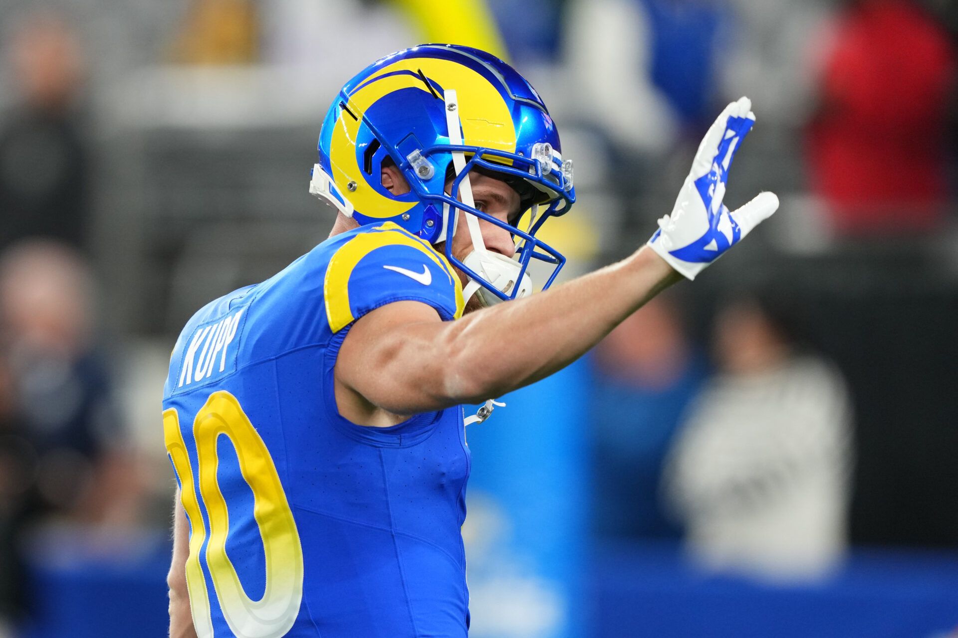 Jan 13, 2025; Glendale, AZ, USA; Los Angeles Rams wide receiver Cooper Kupp (10) practices before the NFC wild card game against the Minnesota Vikings at State Farm Stadium. Mandatory Credit: Joe Camporeale-Imagn Images