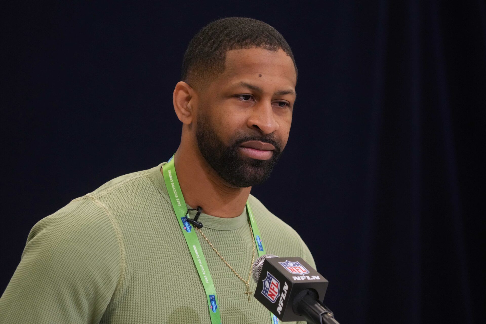 Feb 25, 2025; Indianapolis, IN, USA; Cleveland Browns general manager Andrew Berry speaks during the NFL Scouting Combine at the Indiana Convention Center. Mandatory Credit: Kirby Lee-Imagn Images