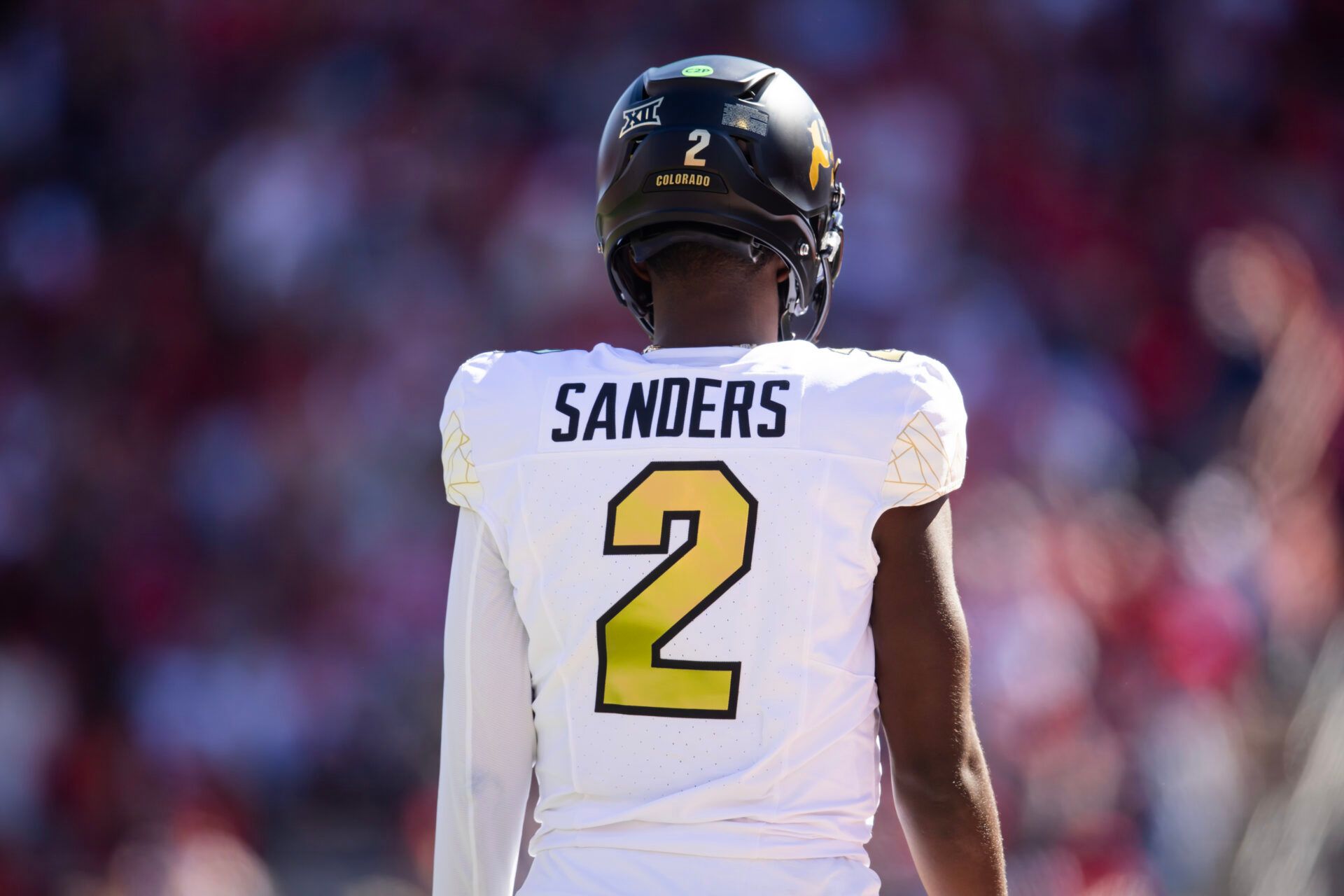 Oct 19, 2024; Tucson, Arizona, USA; Detailed view of the jersey of Colorado Buffalos quarterback Shedeur Sanders (2) against the Arizona Wildcats at Arizona Stadium. Mandatory Credit: Mark J. Rebilas-Imagn Images